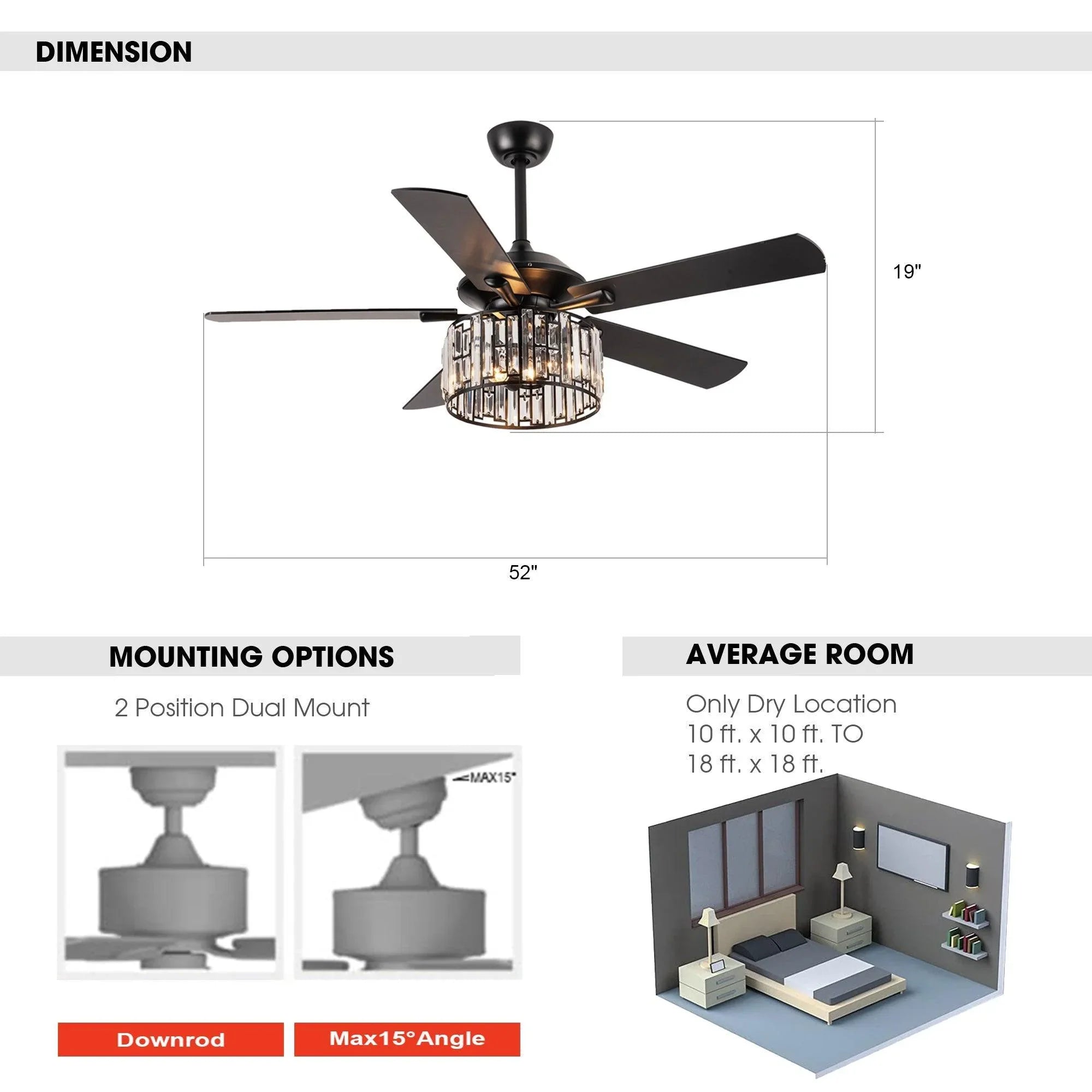 52" Dicken Modern Downrod Mount Reversible Crystal Ceiling Fan with Lighting