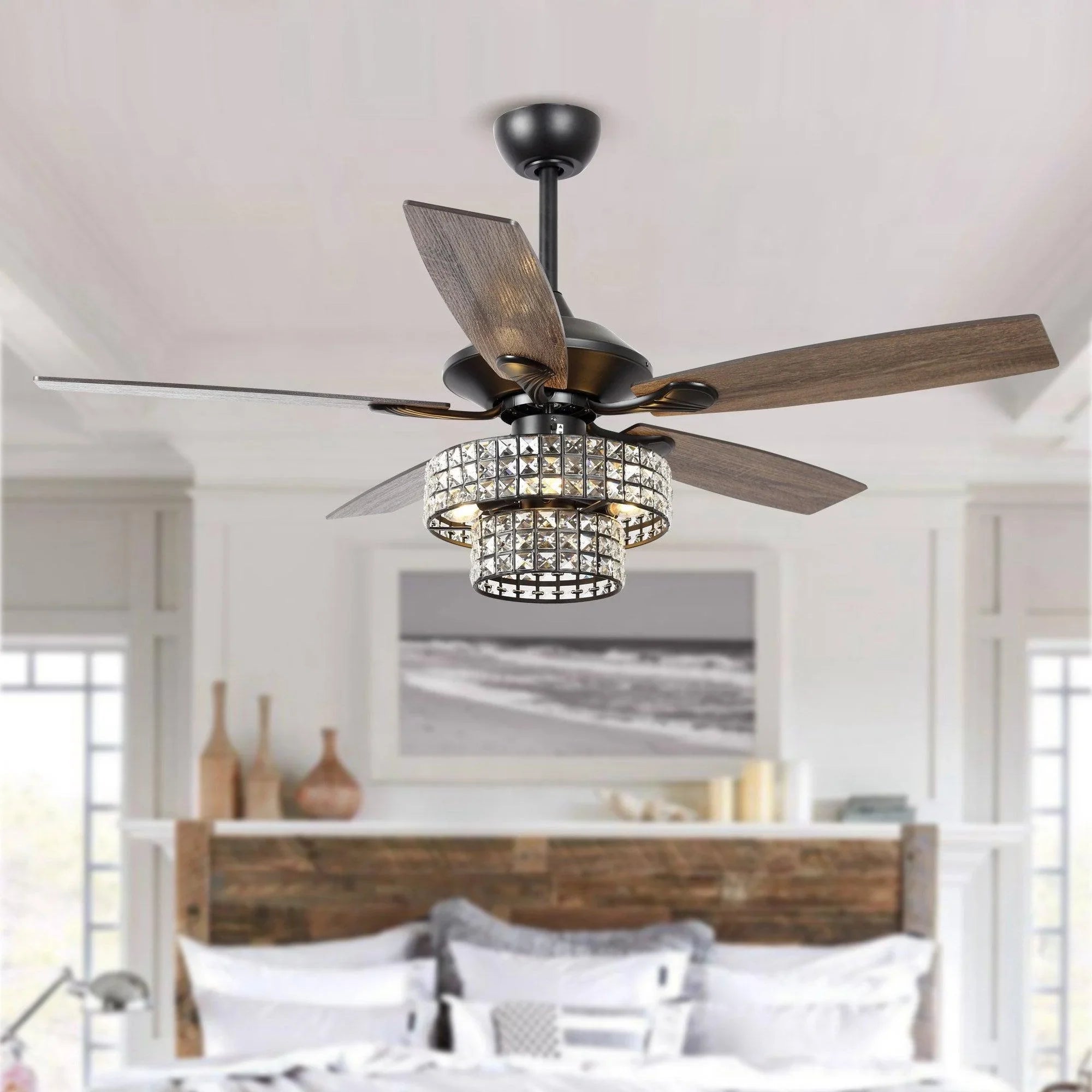 52" Nowthen Modern Crystal Chandelier Ceiling Fan with Led Light and Remote Control 5 Blades Chrome