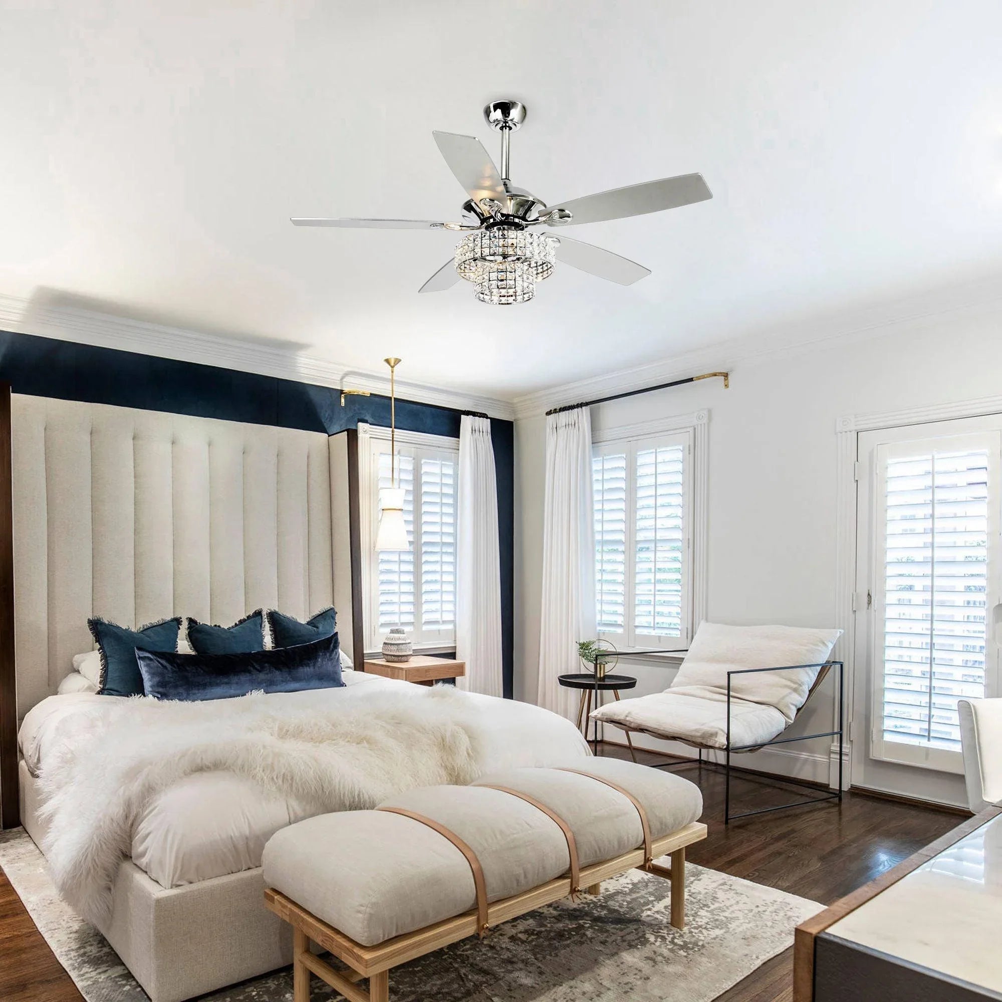 52" Nowthen Modern Crystal Chandelier Ceiling Fan with Led Light and Remote Control 5 Blades Chrome