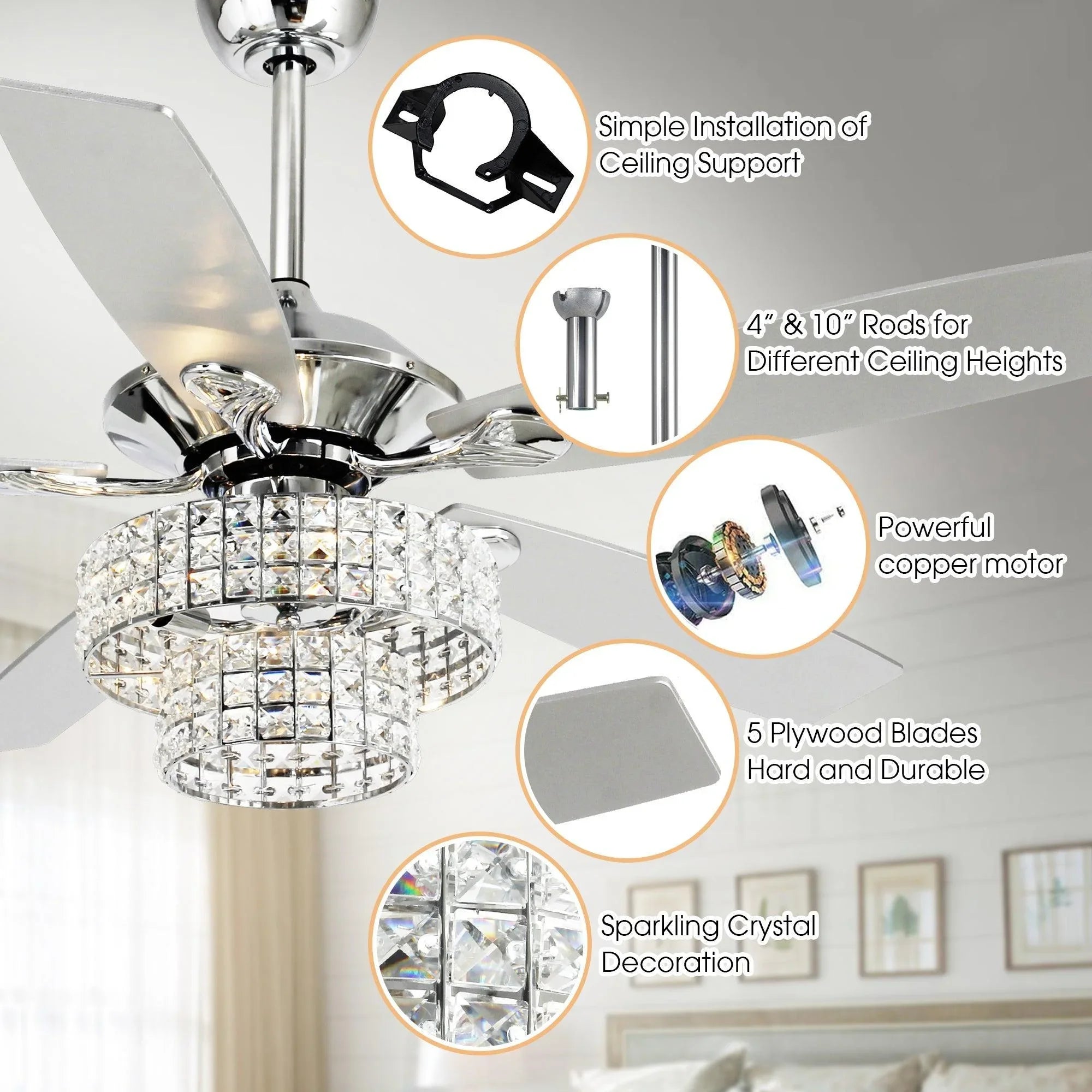 52" Nowthen Modern Crystal Chandelier Ceiling Fan with Led Light and Remote Control 5 Blades Chrome