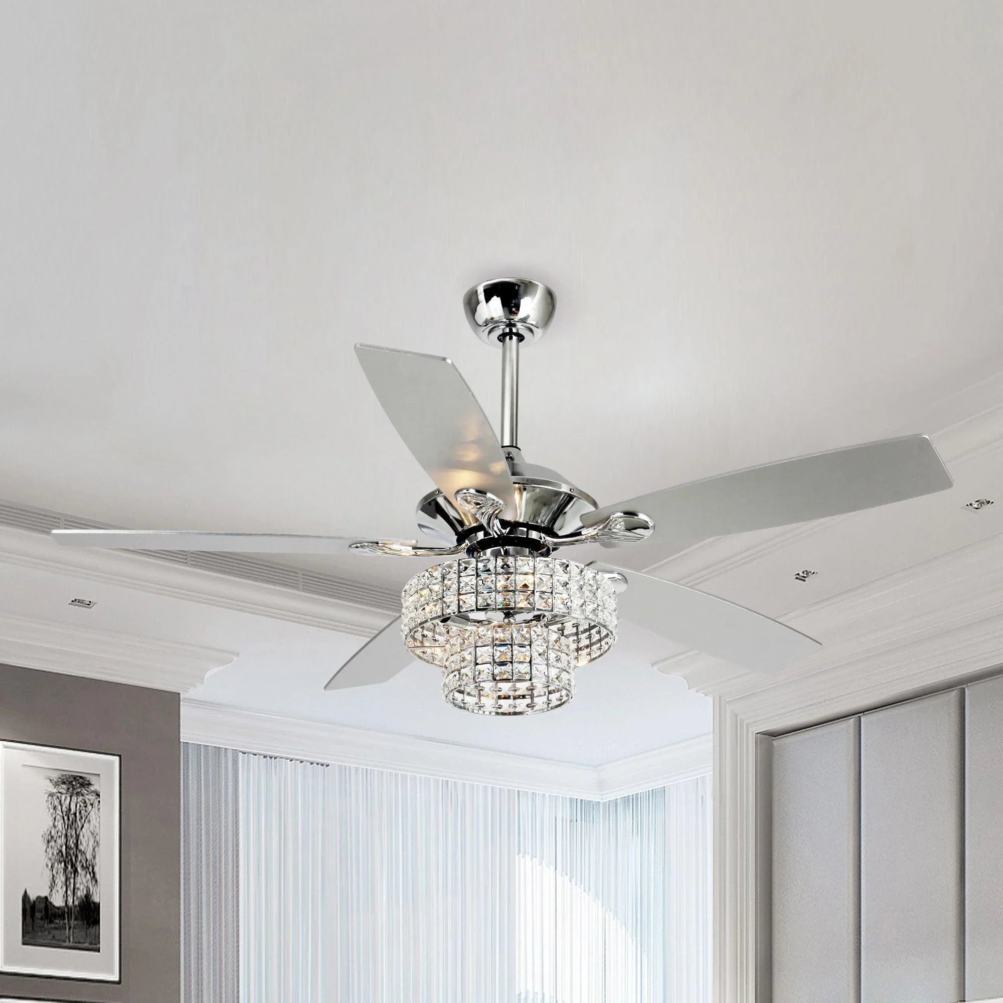 52" Nowthen Modern Crystal Chandelier Ceiling Fan with Led Light and Remote Control 5 Blades Chrome
