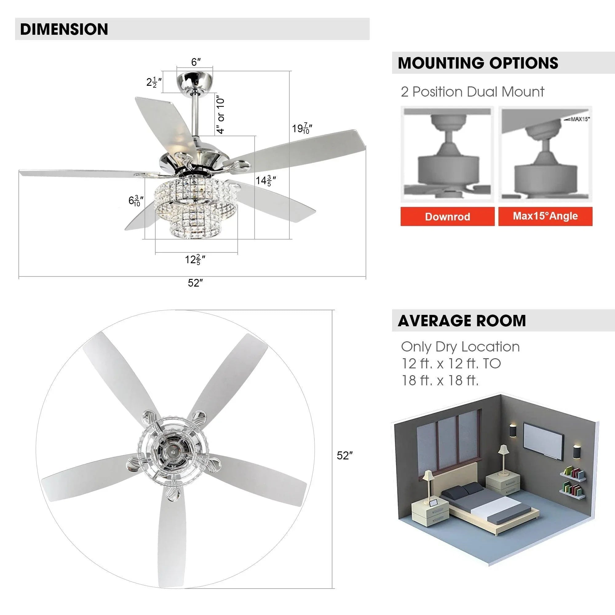 52" Nowthen Modern Crystal Chandelier Ceiling Fan with Led Light and Remote Control 5 Blades Chrome