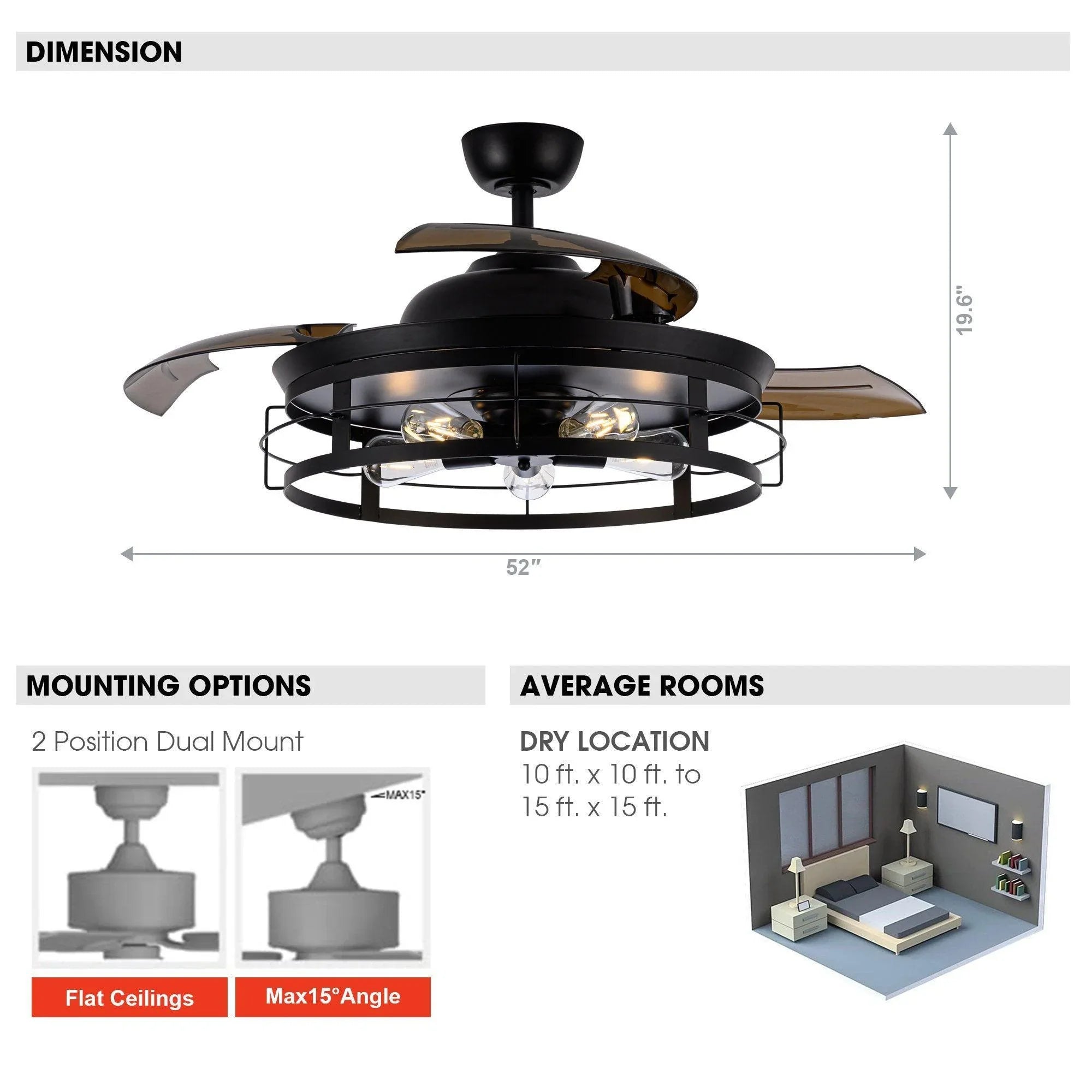 52" Industrial Downrod Mount Ceiling Fan with Lighting and Remote Control