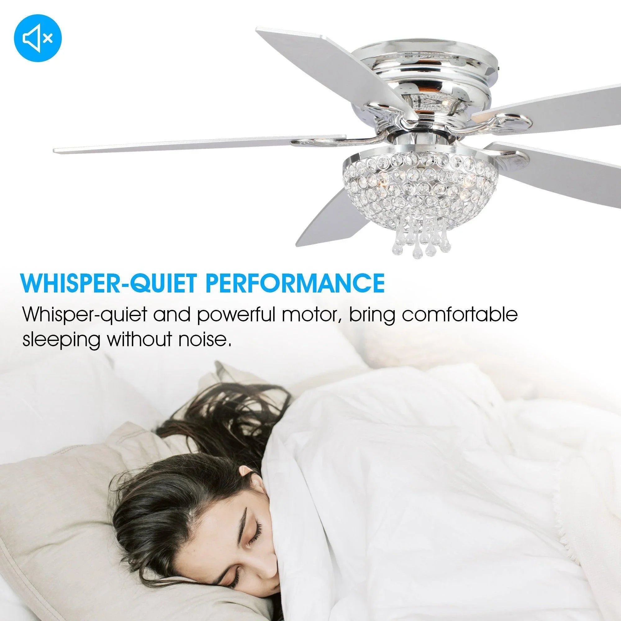 52" Modern Chrome Flush Mount Reversible Crystal Ceiling Fan with Lighting and Remote Control