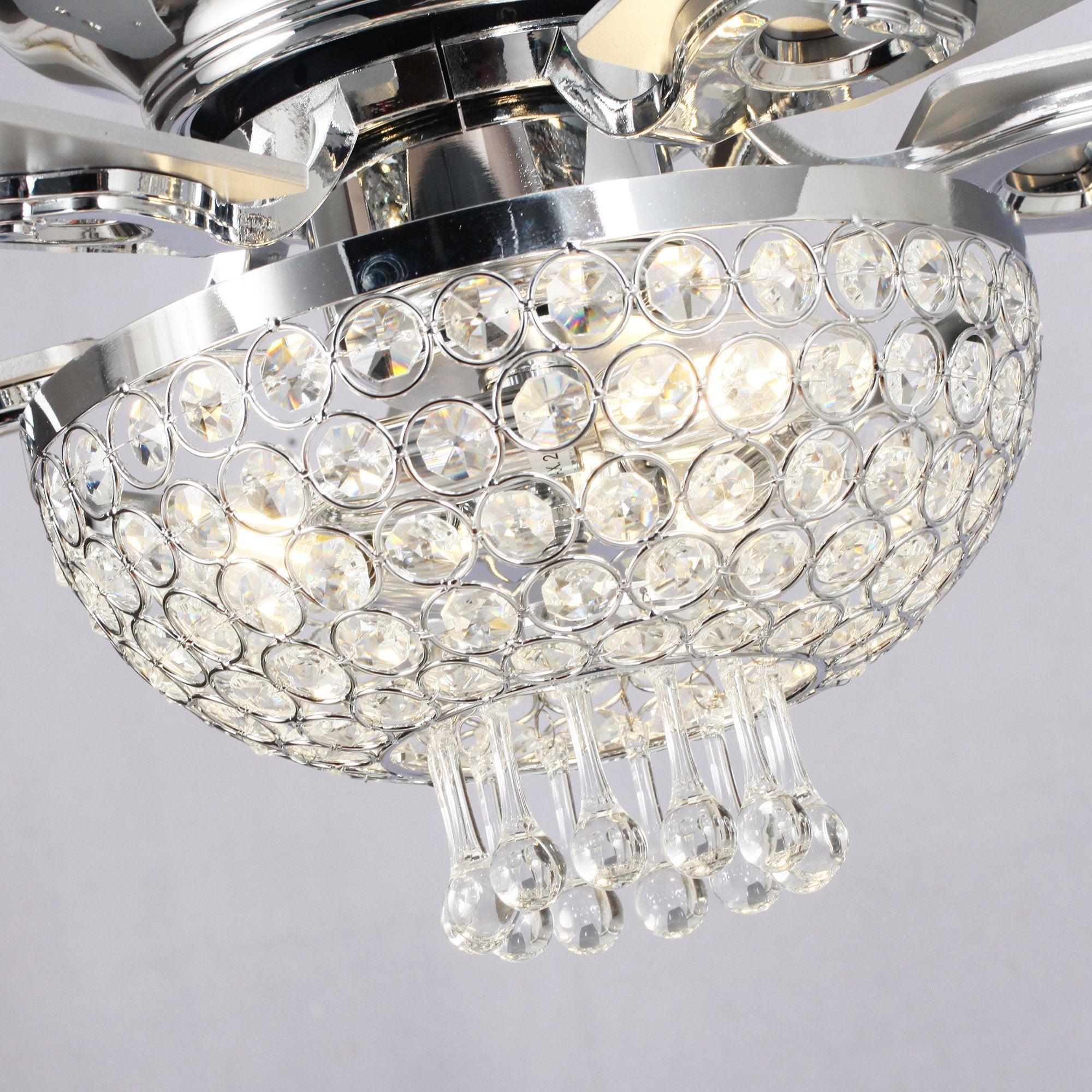 52" Modern Chrome Flush Mount Reversible Crystal Ceiling Fan with Lighting and Remote Control
