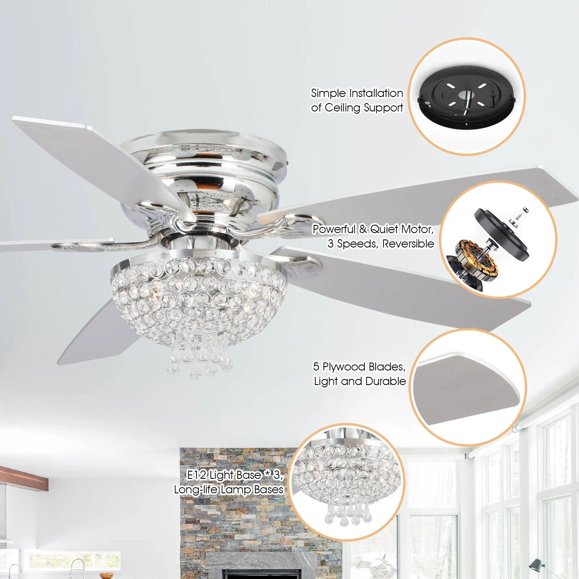 52" Modern Chrome Flush Mount Reversible Crystal Ceiling Fan with Lighting and Remote Control