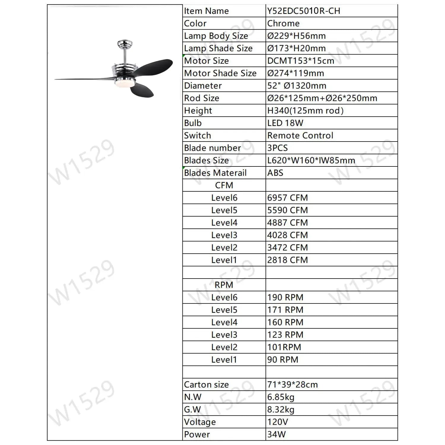 52" Modern Ceiling Fan with Light, 3 ABS Blades, DC Remote Control