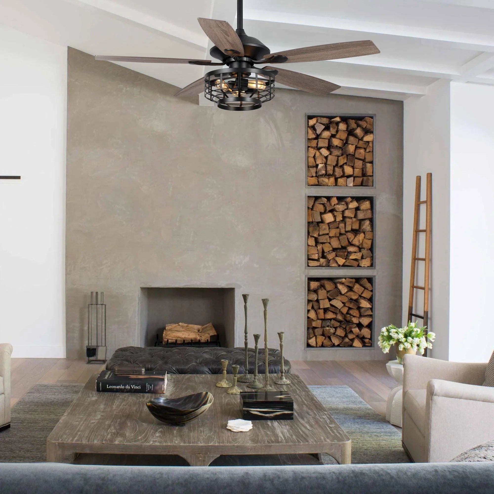 52" Paquette In Indoor Matte Black Industrial Ceiling Fan with Remote Control and Light Kit
