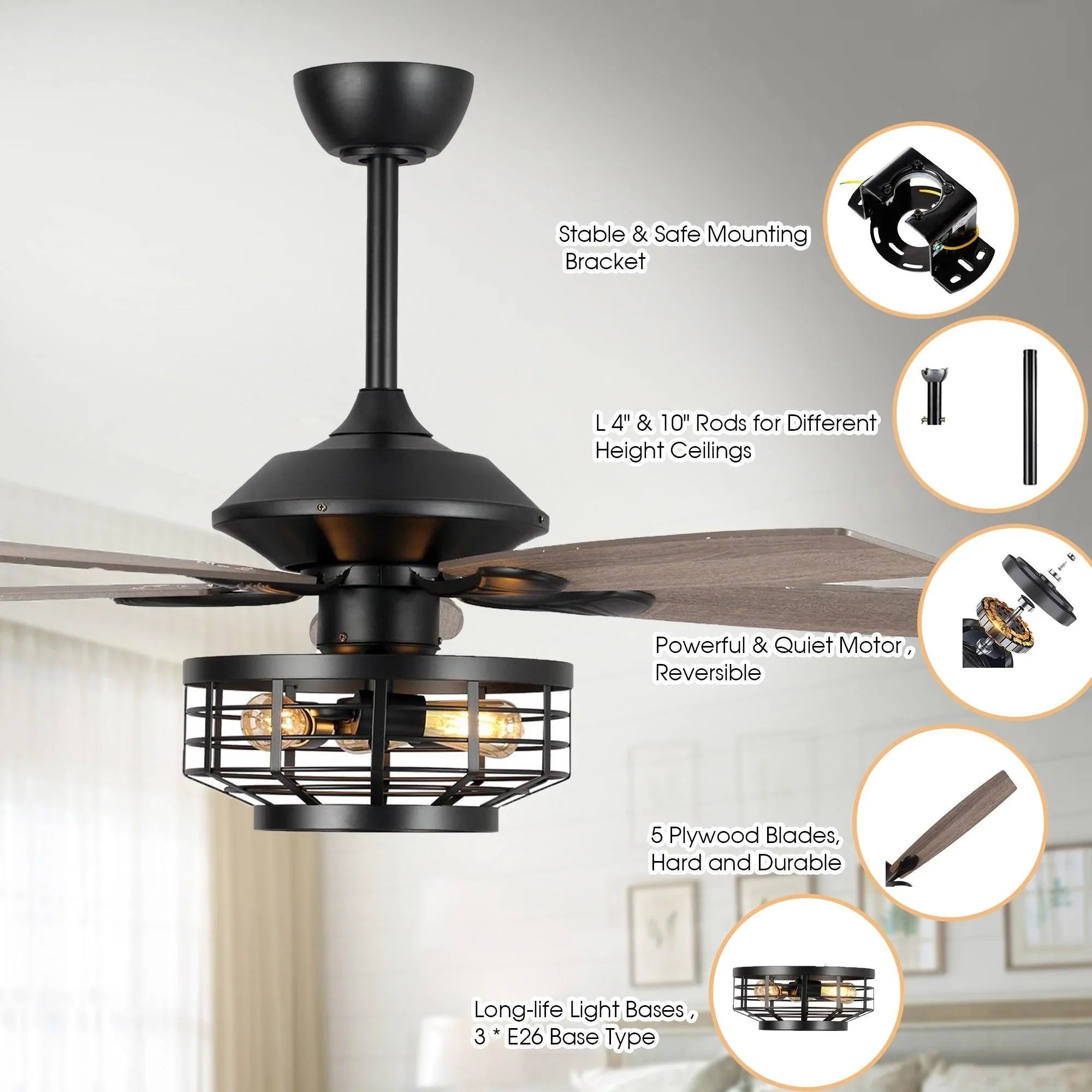 52" Paquette In Indoor Matte Black Industrial Ceiling Fan with Remote Control and Light Kit