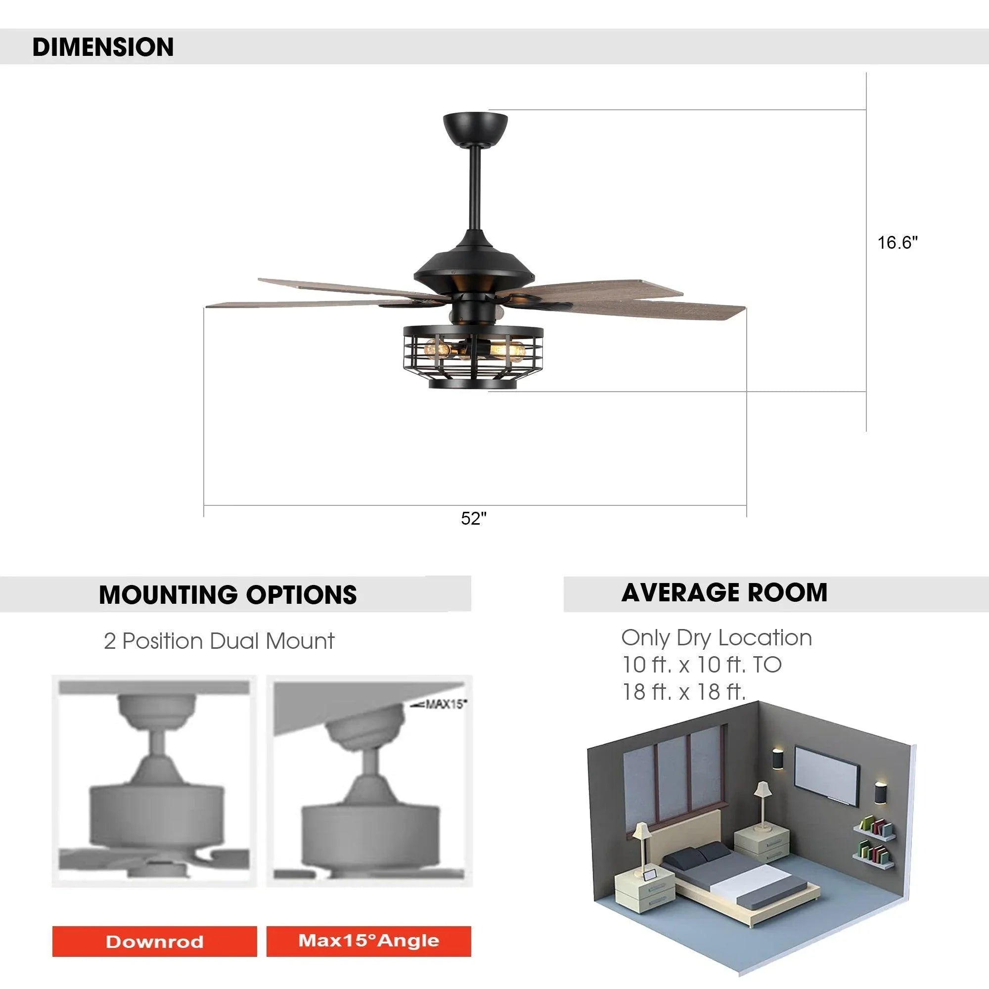 52" Paquette In Indoor Matte Black Industrial Ceiling Fan with Remote Control and Light Kit