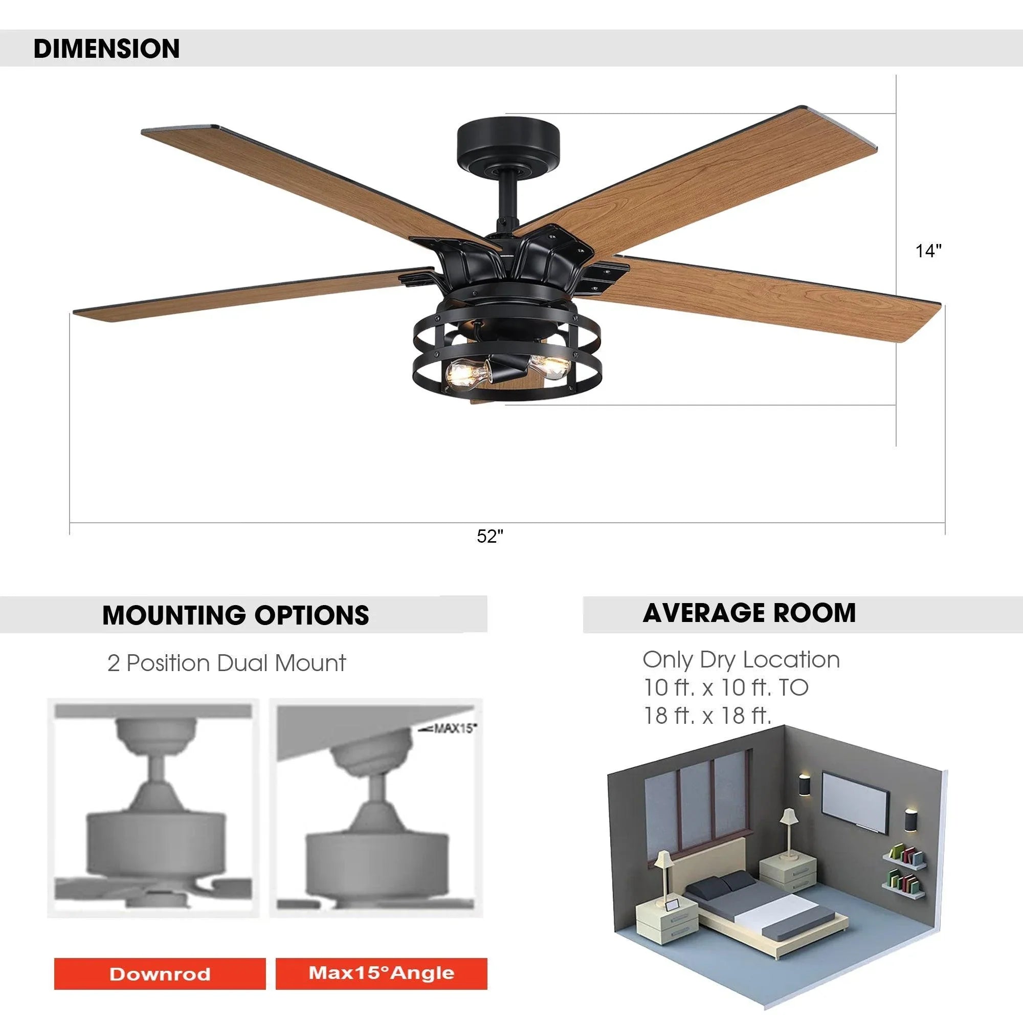 52" Industrial Reversible 5 Blade Led Ceiling Fan