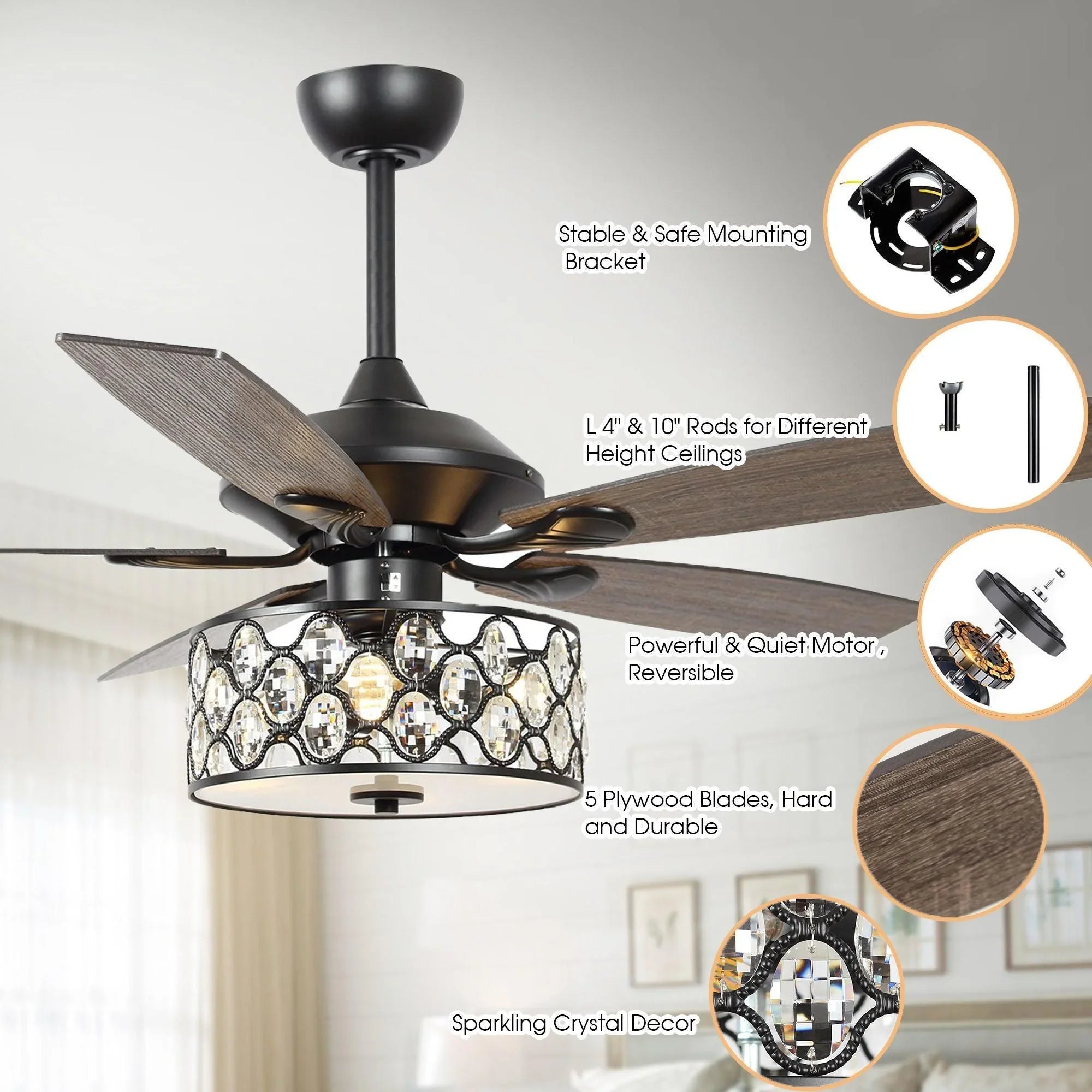 52" Tibuh Modern Crystal Chandelier Ceiling Fan with Led Light And Remote Control 5 Blades Chrome