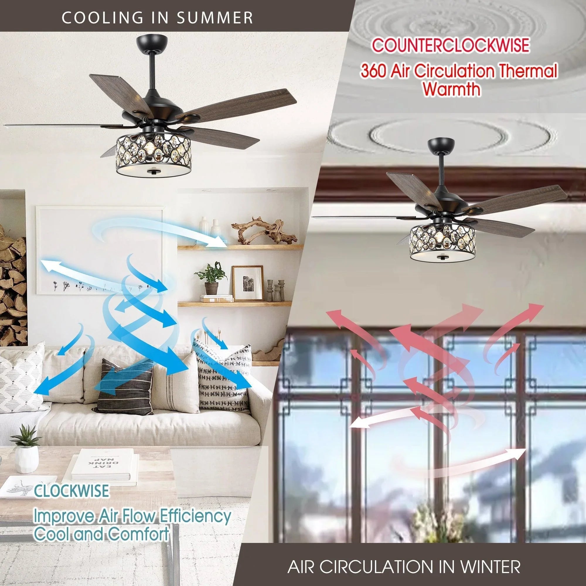 52" Tibuh Modern Crystal Chandelier Ceiling Fan with Led Light And Remote Control 5 Blades Chrome