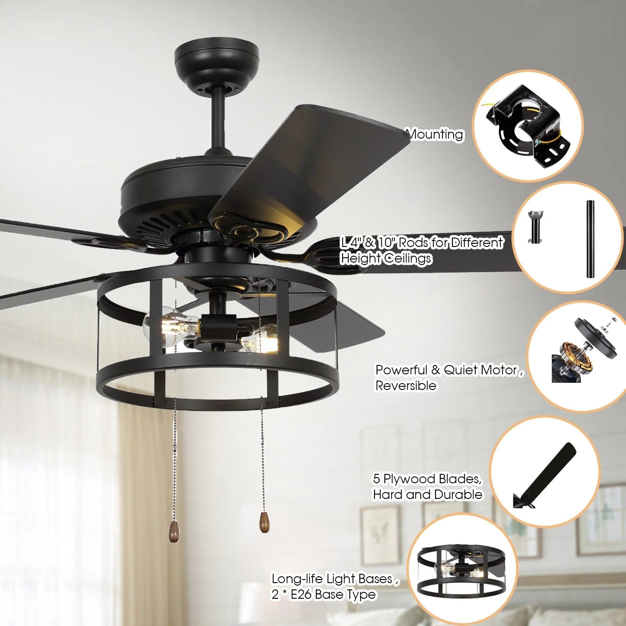 52" Urbana In Indoor Matte Black Industrial Ceiling Fan with Pull Chain and Light Kit