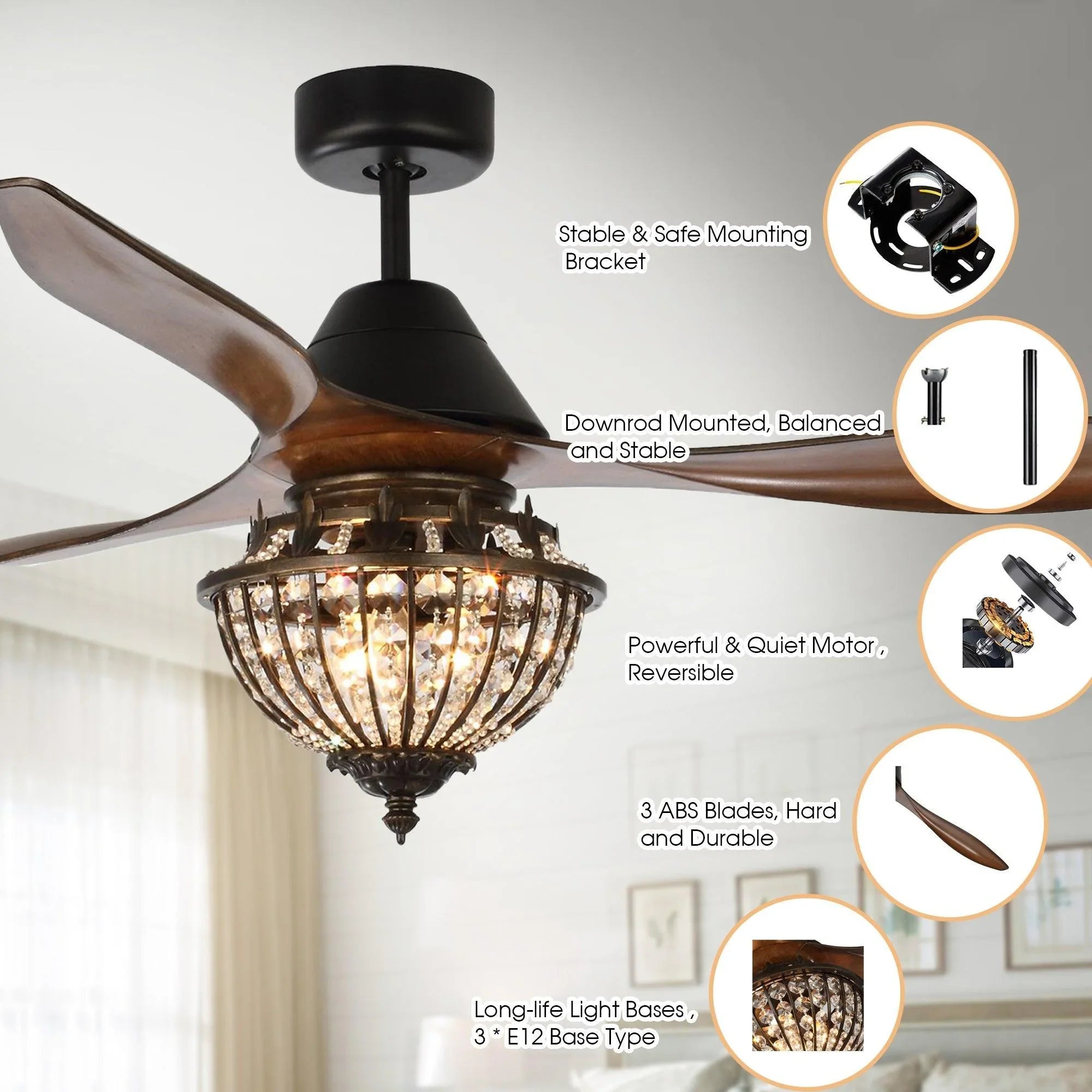 52" Vicky Indoor 3-Blade Rustic Crystal Ceiling Fan with Remote and Light Kit Included