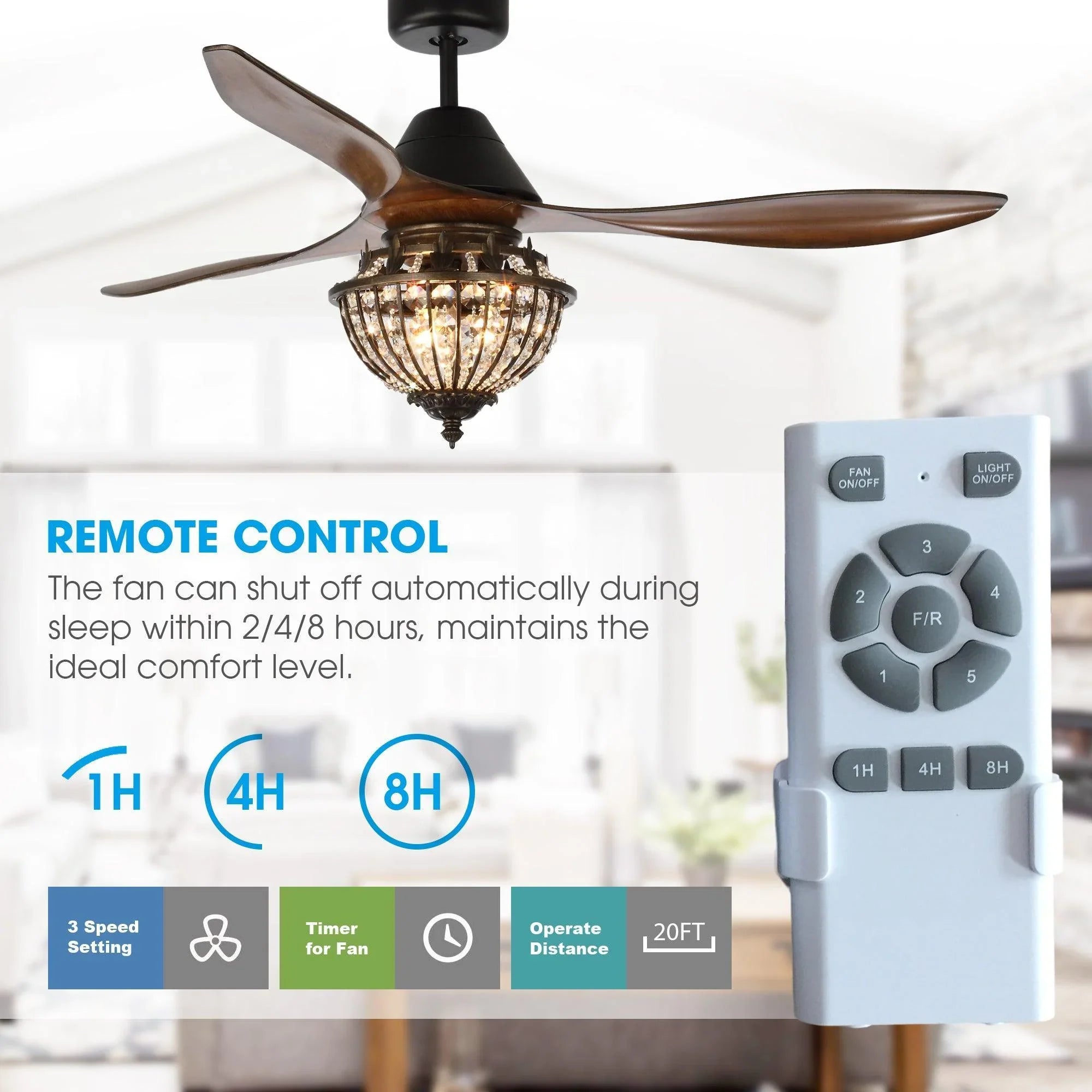 52" Vicky Indoor 3-Blade Rustic Crystal Ceiling Fan with Remote and Light Kit Included