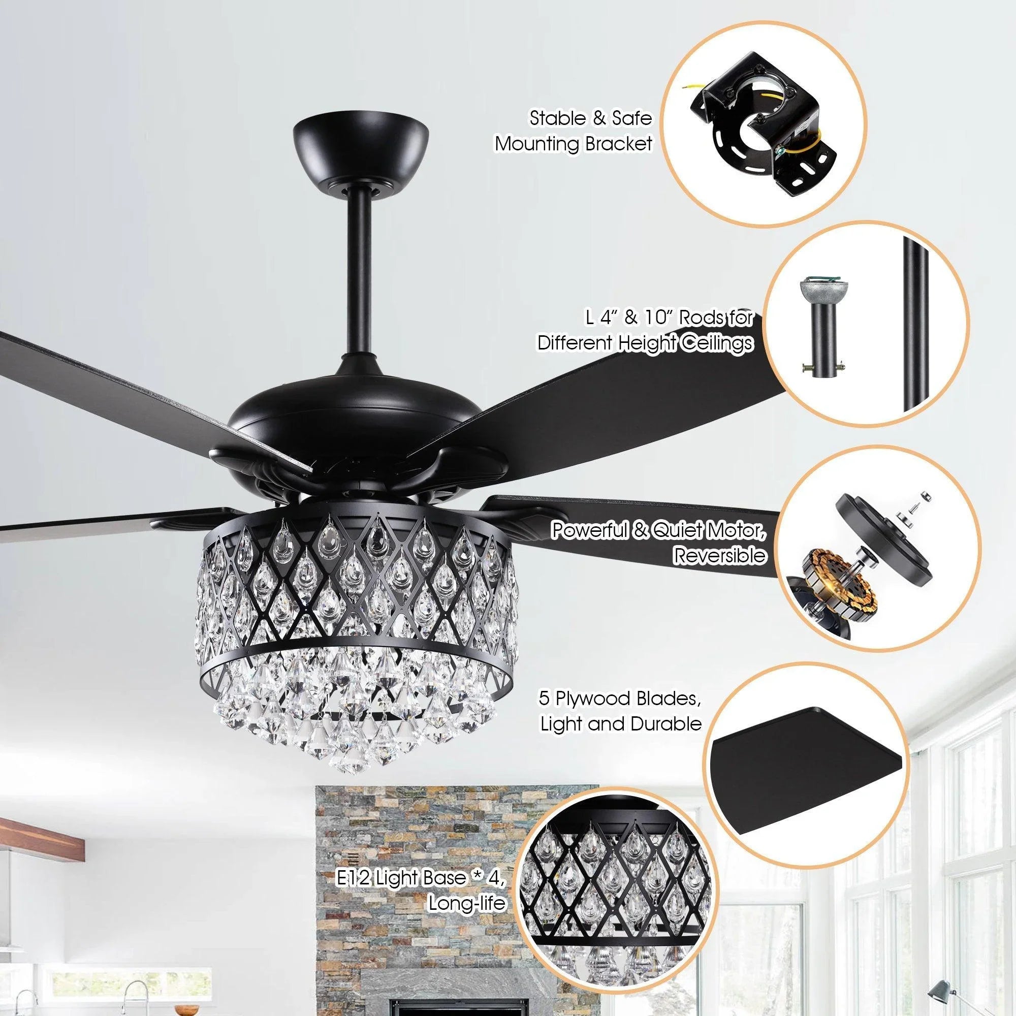 52” Wethington Modern Crystal Chandelier Ceiling Fan with Light And Remote Control Black