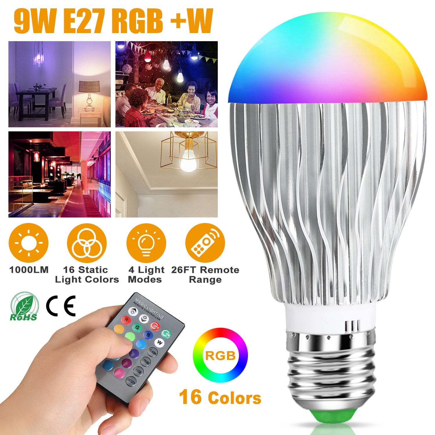 Gpct Led Color Changing Bulb, 9W, 64 Brightness Levels, 5 Modes - Multi-Colored, 1 Pack