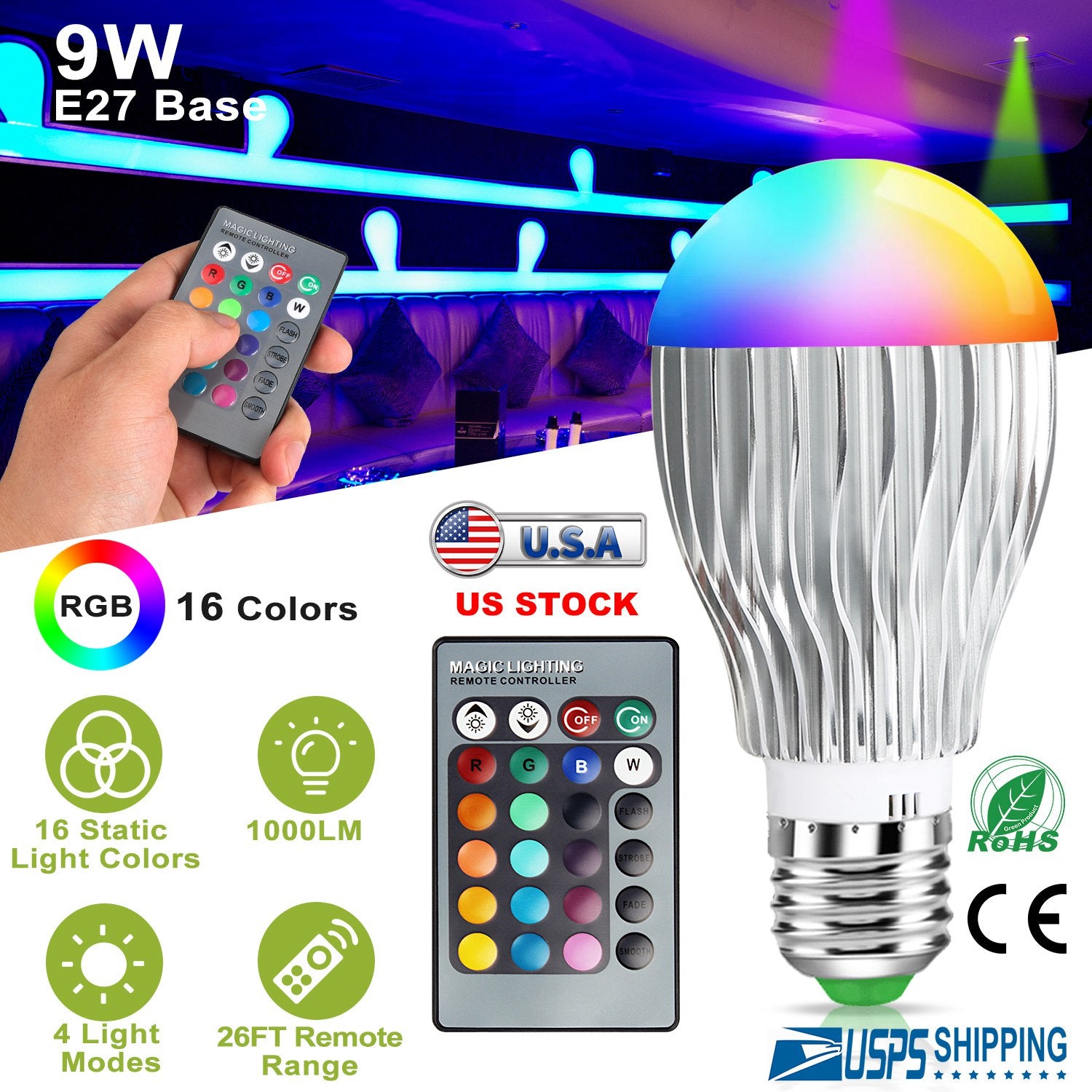 Gpct Led Color Changing Bulb, 9W, 64 Brightness Levels, 5 Modes - Multi-Colored, 1 Pack