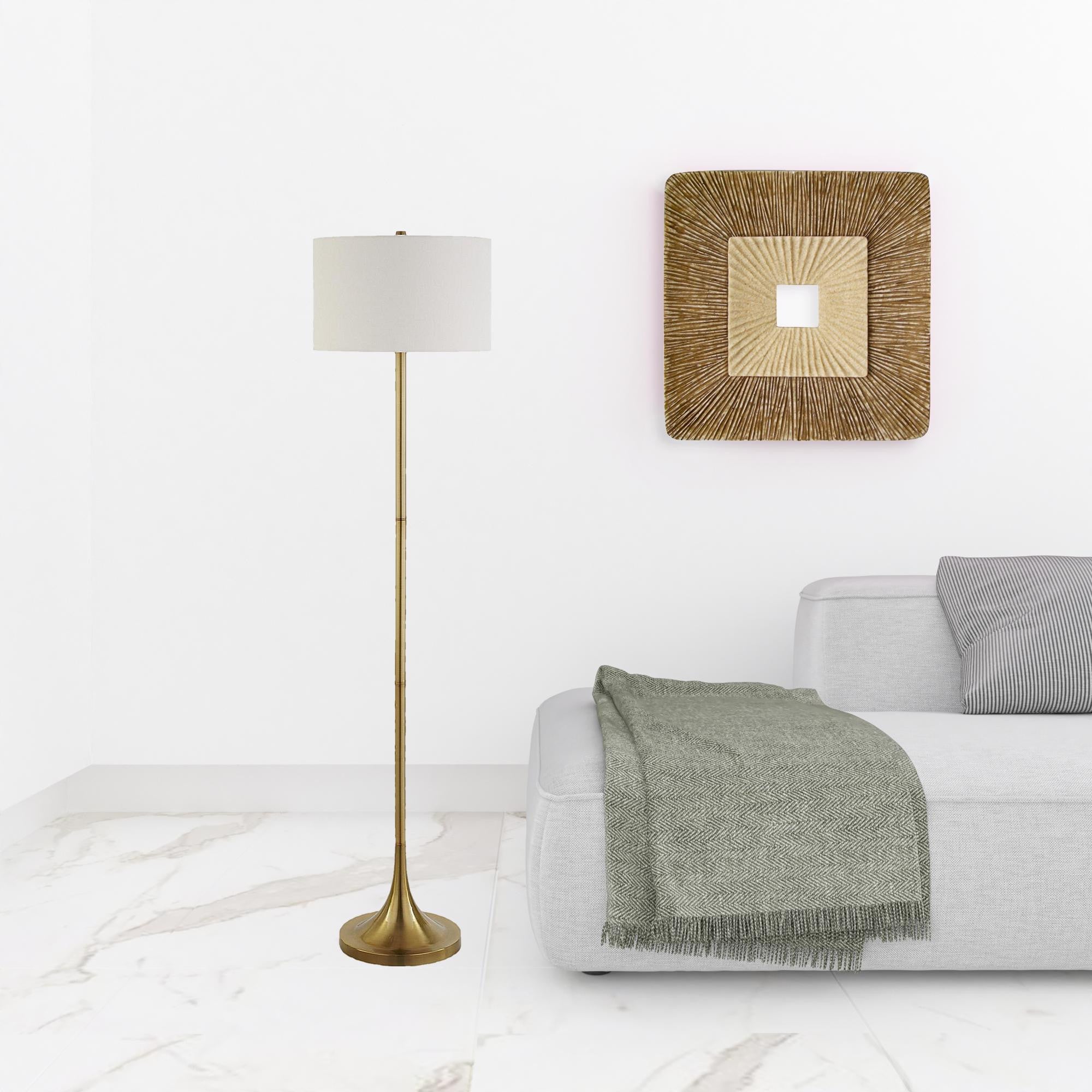 62 Brass Traditional Shaped Floor Lamp With White Frosted Glass Drum Shade