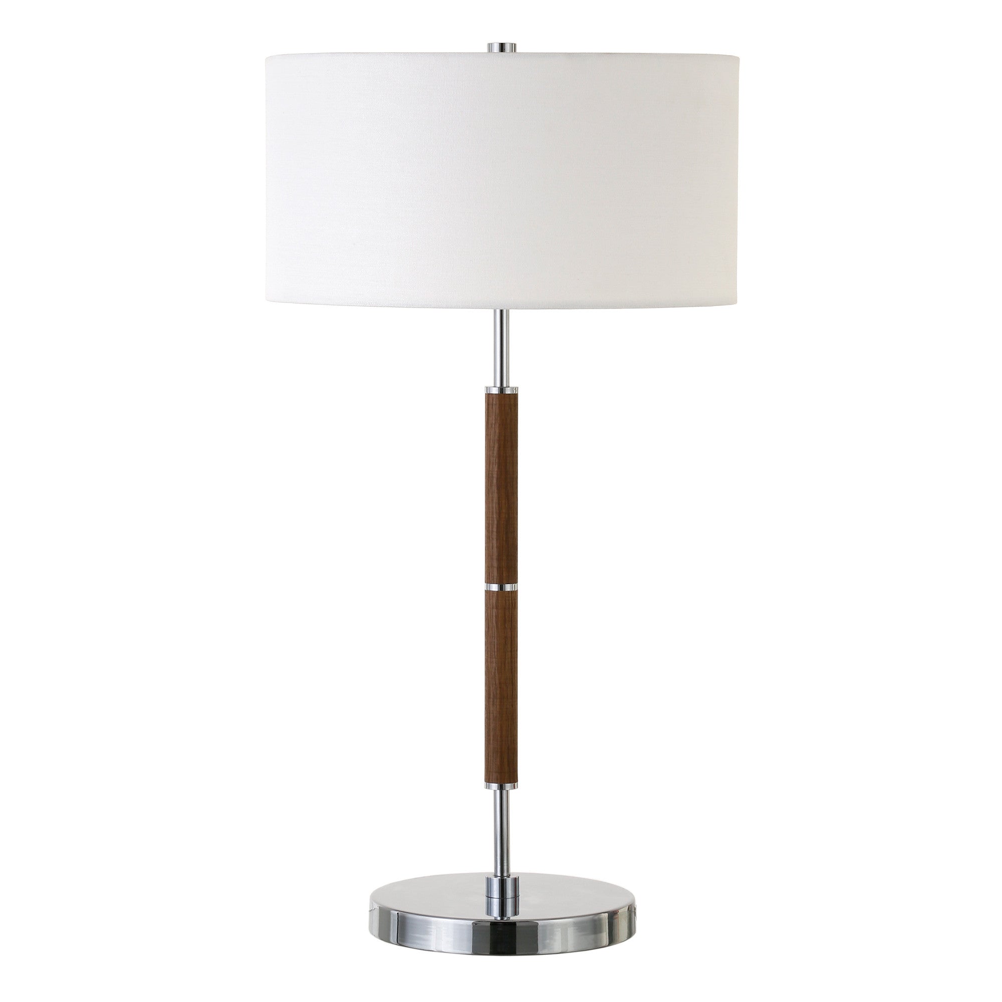 25 Silver And Oak Two Light Table Lamp With White Drum Shade