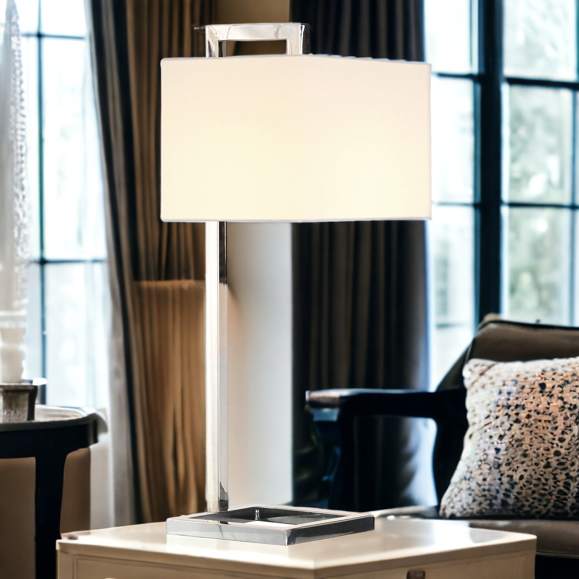 26'' Silver Metal Square Arched Table Lamp With White Square Shade