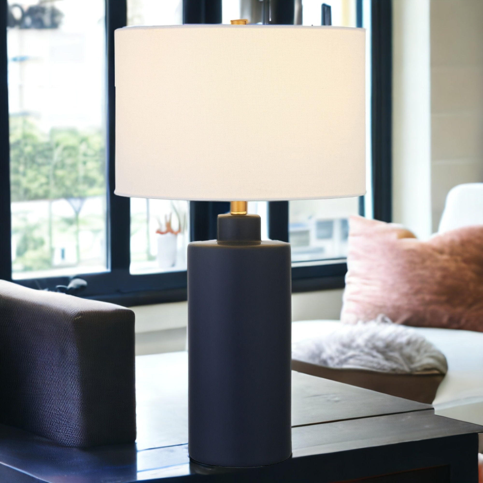 25'' Navy Blue Ceramic Cylinder Table Lamp With White Drum Shade