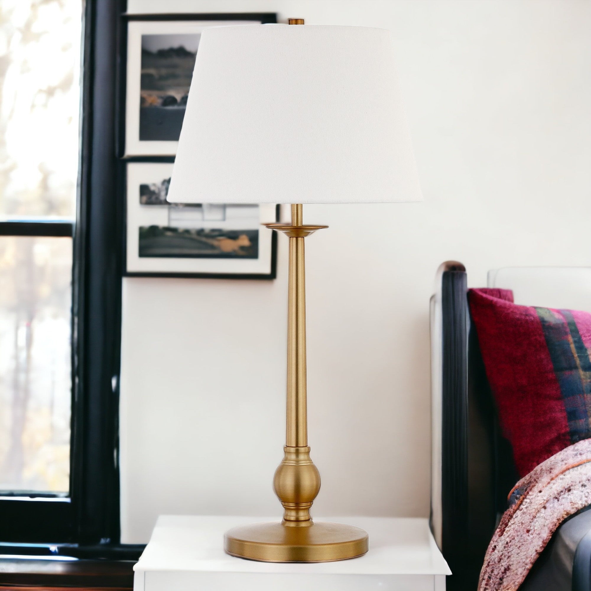 Homeroots 524376 28 In. Brass Metal Table Lamp With White Empire Shade