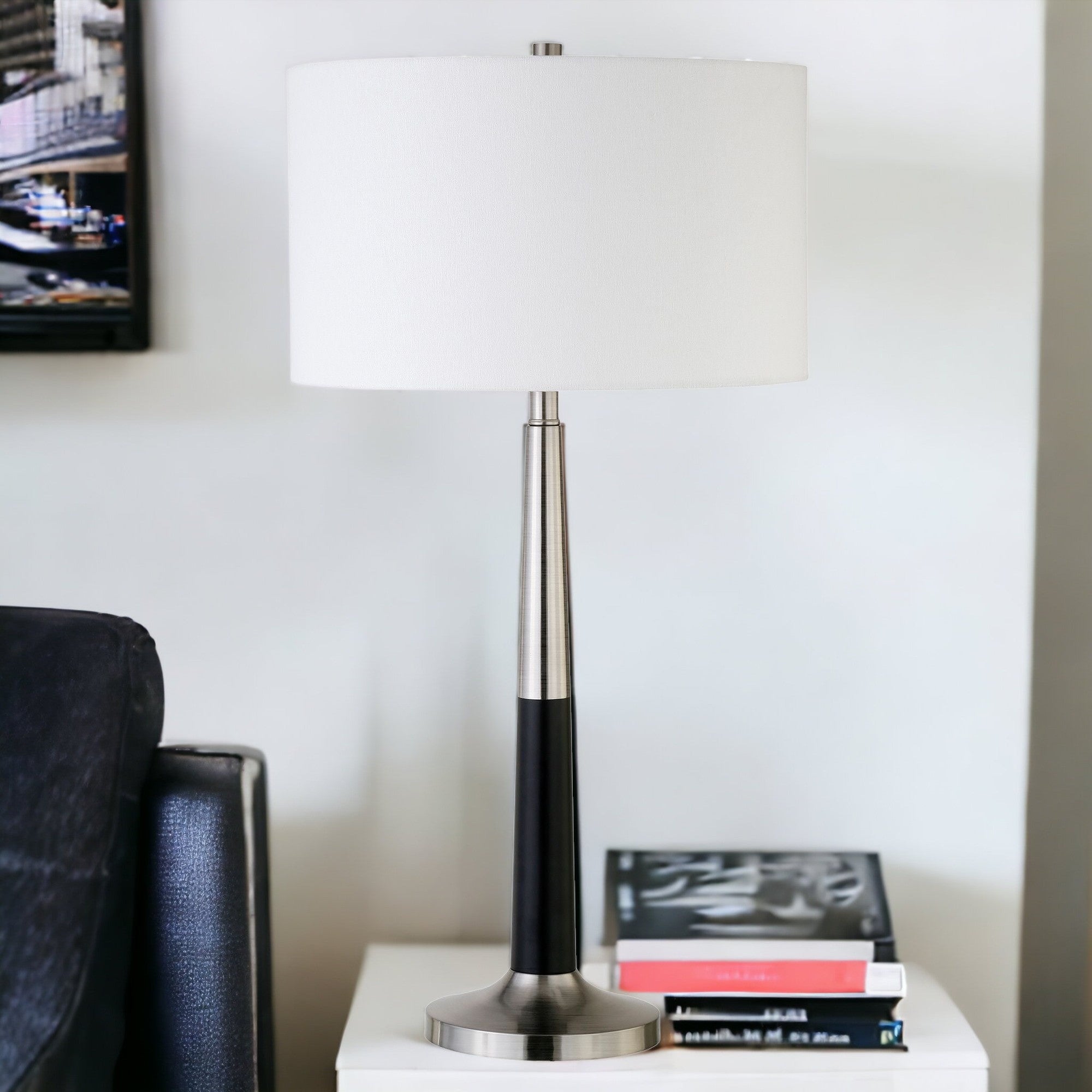 Homeroots 524439 29 In. Metal Table Lamp With White Drum Shade Black & Silver