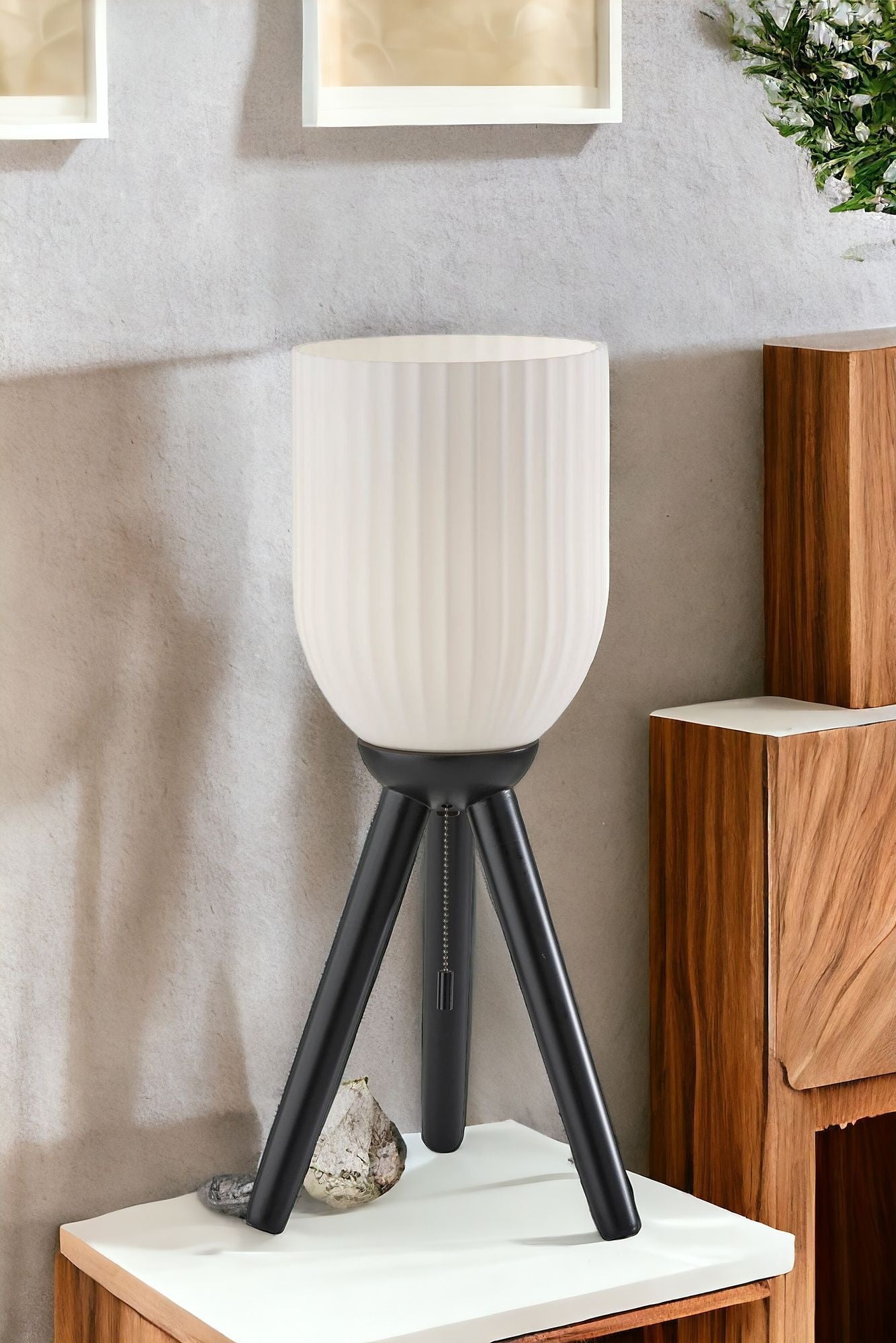 23'' Black Solid Wood Tripod Table Lamp With White Ribbed Glass Shade