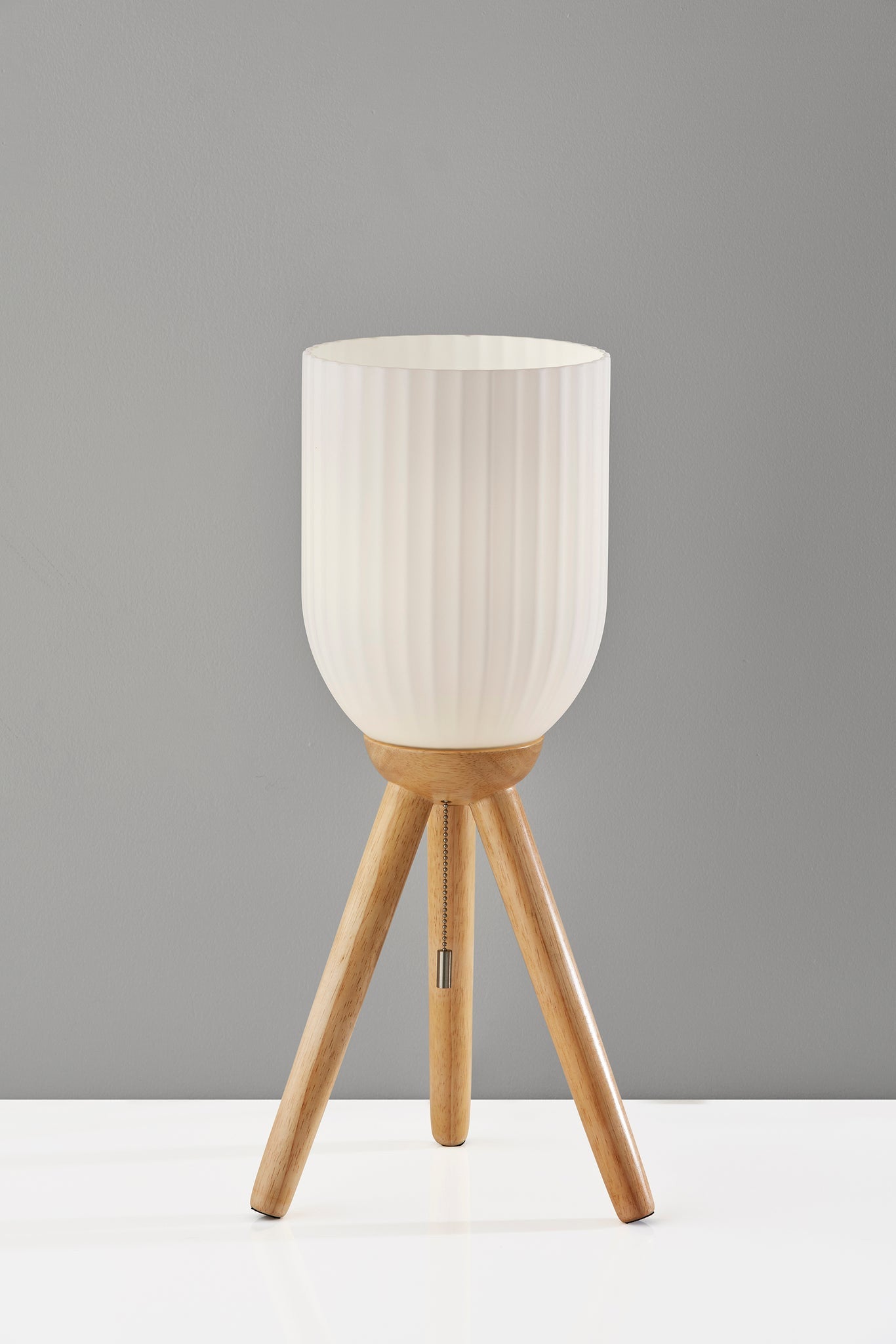 23'' Natural Solid Wood Tripod Table Lamp With White Ribbed Glass Shade
