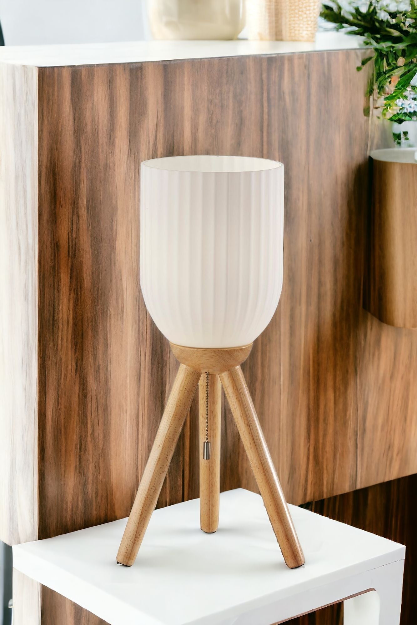 23'' Natural Solid Wood Tripod Table Lamp With White Ribbed Glass Shade