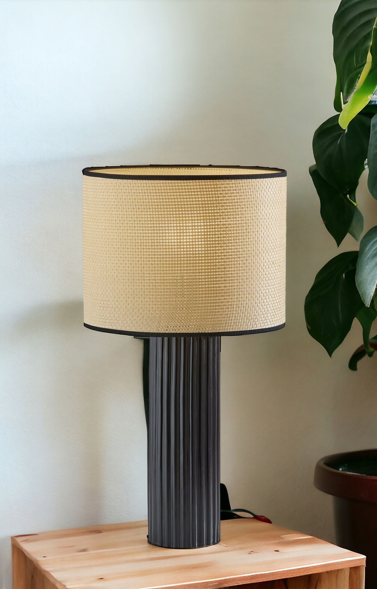 24'' Black Ceramic Cylinder Table Lamp With Beige Drum Shade