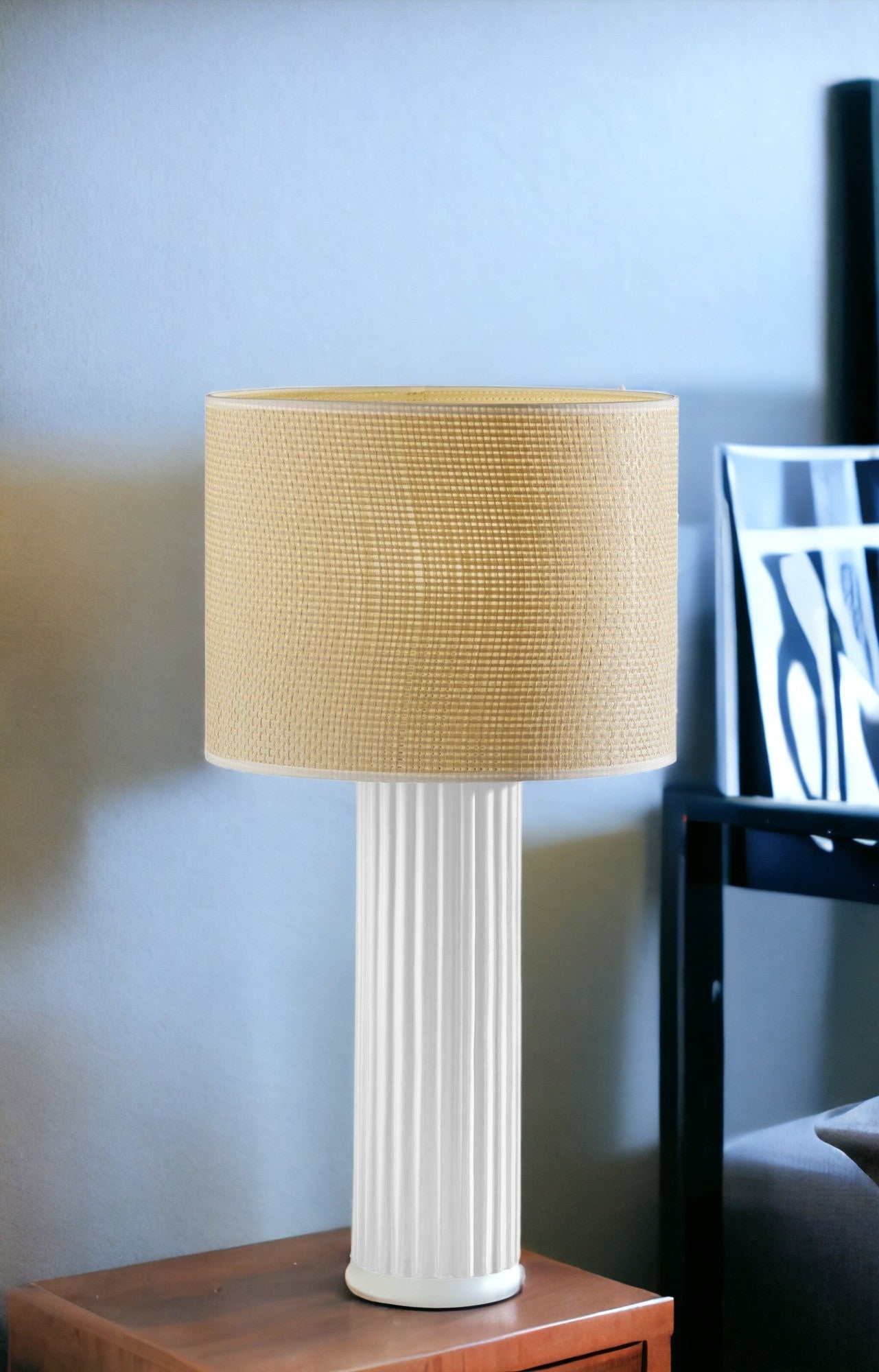 24'' White Ceramic Cylinder Table Lamp With Beige Drum Shade