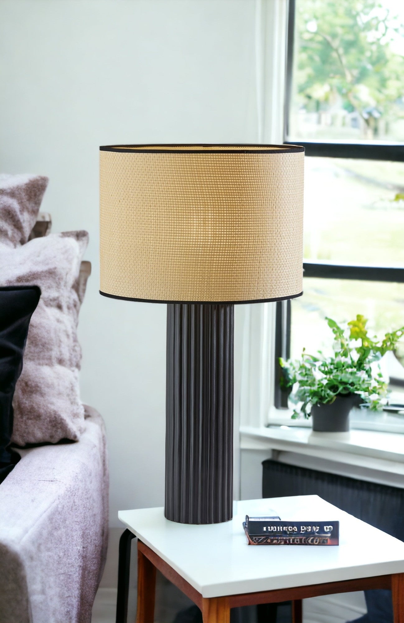 29'' Black Ceramic Cylinder Table Lamp With Beige Drum Shade