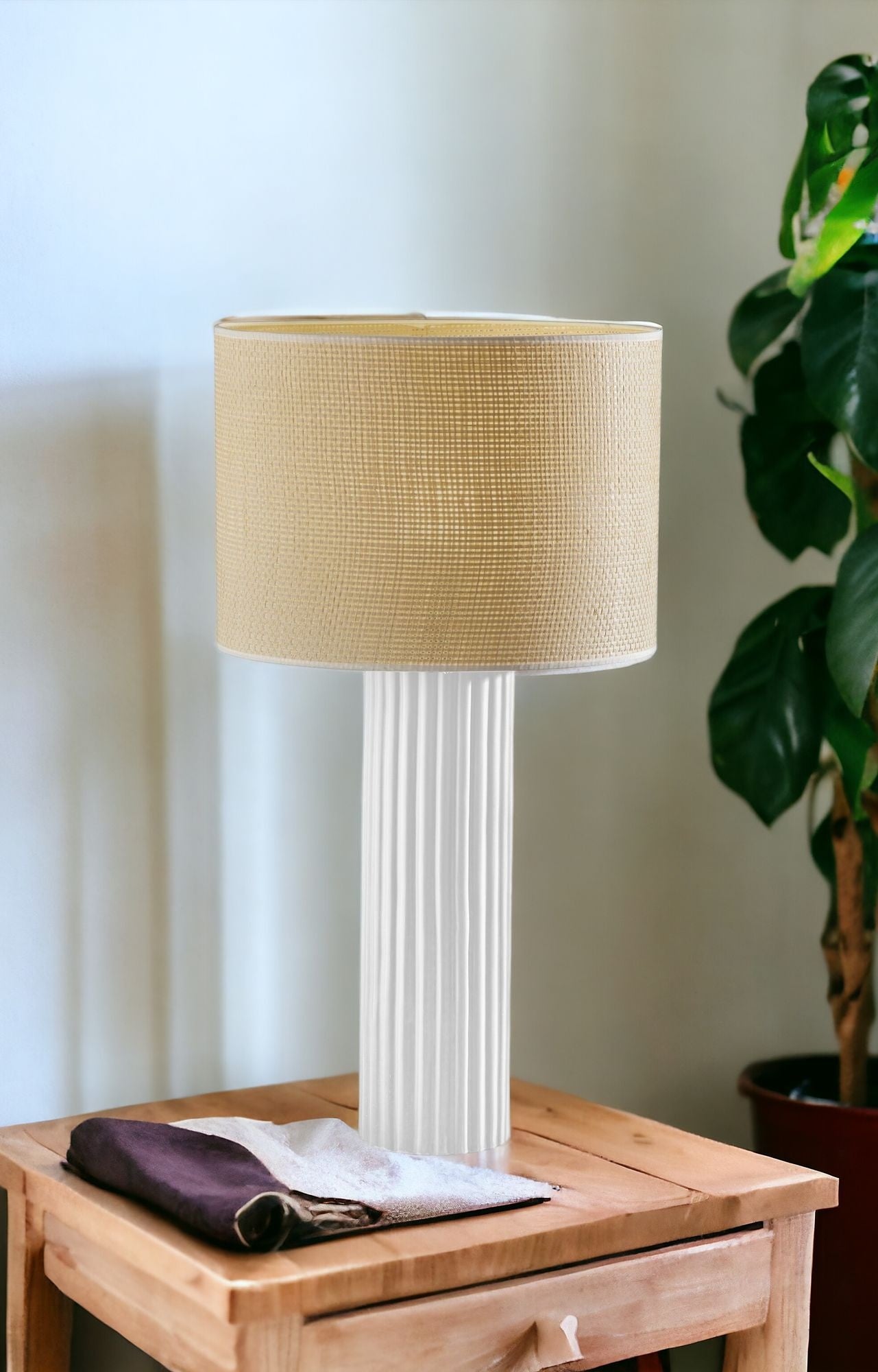 29'' White Ceramic Cylinder Table Lamp With Beige Drum Shade