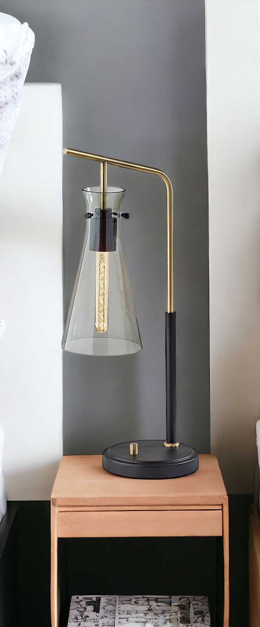 24'' Black And Gold Metal Desk Lamp With Light Gray Cone Shade