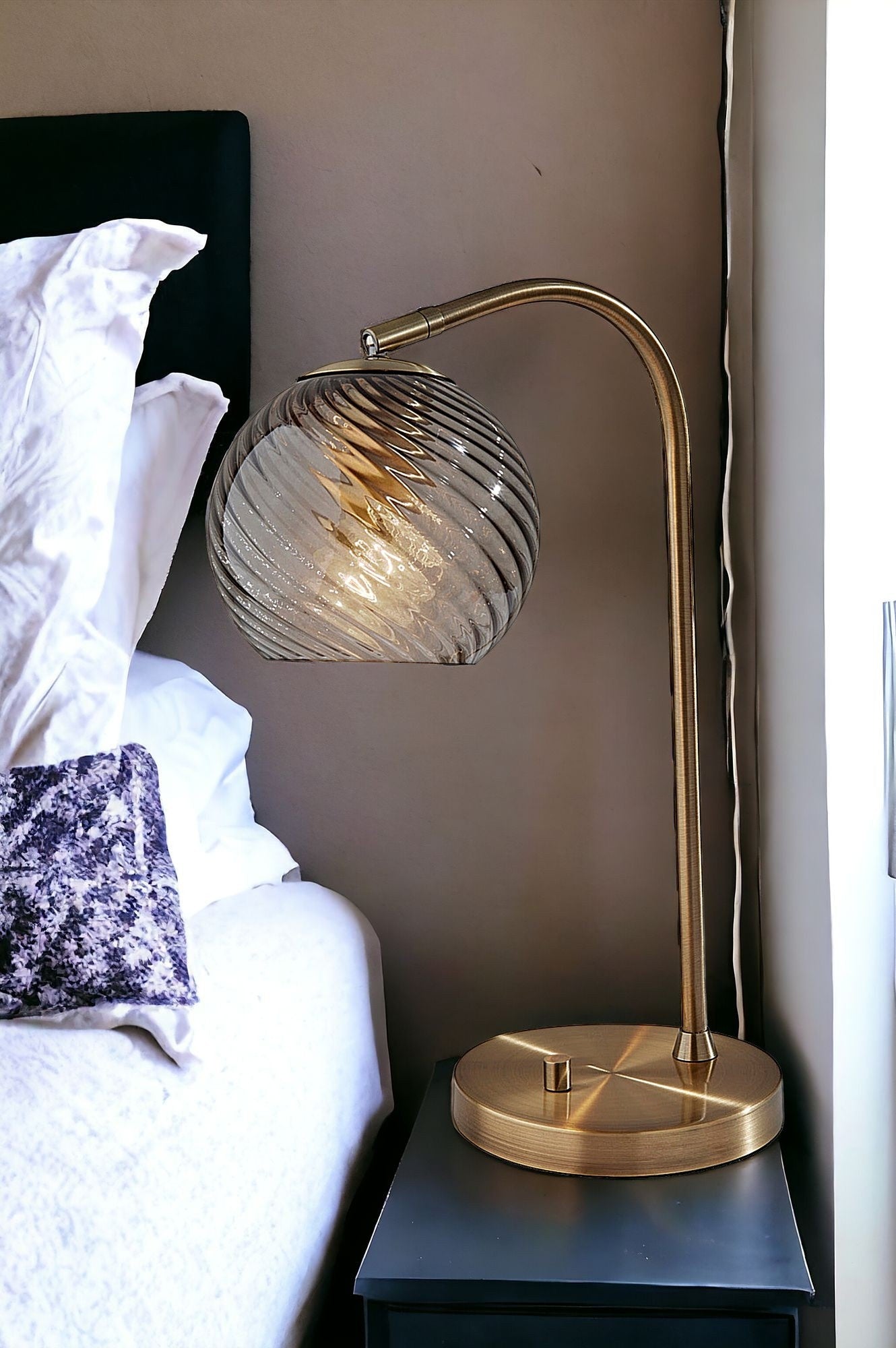 19'' Antiqued Brass Metal Desk Lamp With Light Gray Swirl Globe Shade