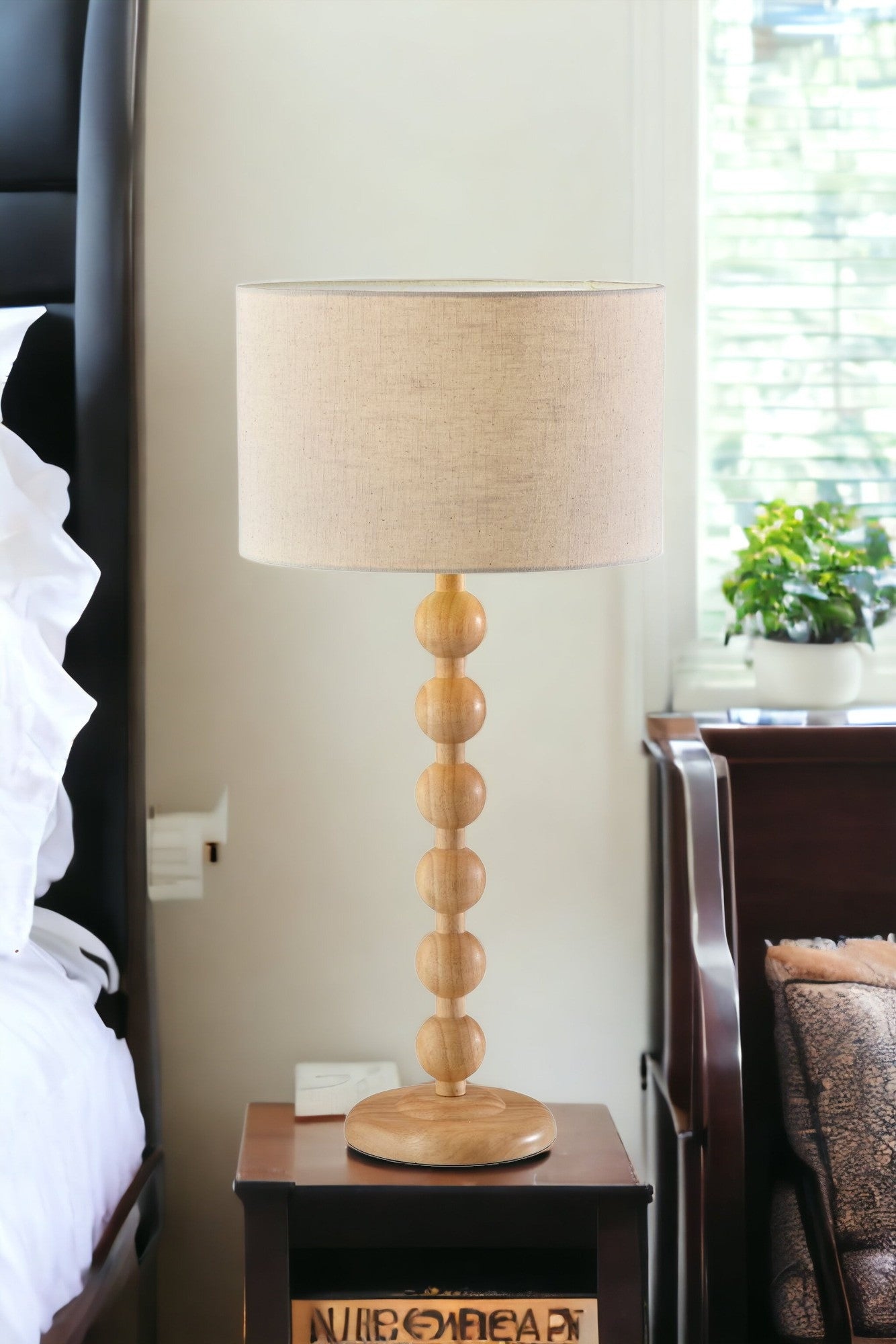 28'' Brown Solid Wood Candlestick Table Lamp With Off White Drum Shade