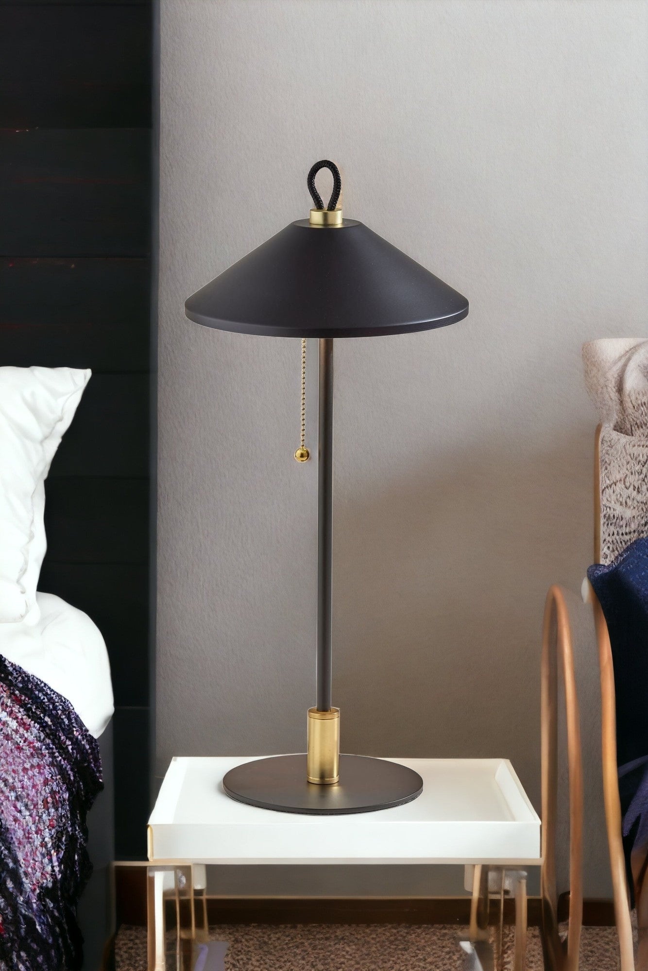 20'' Black And Gold Metal Two Light Candlestick Led Table Lamp With Black Cone Shade