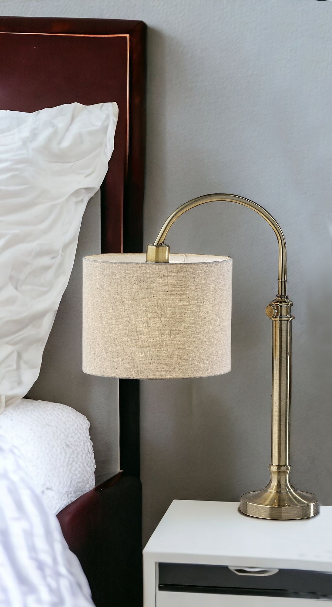 32'' Antiqued Brass Metal Adjustable Arched Lamp With Beige Drum Shade