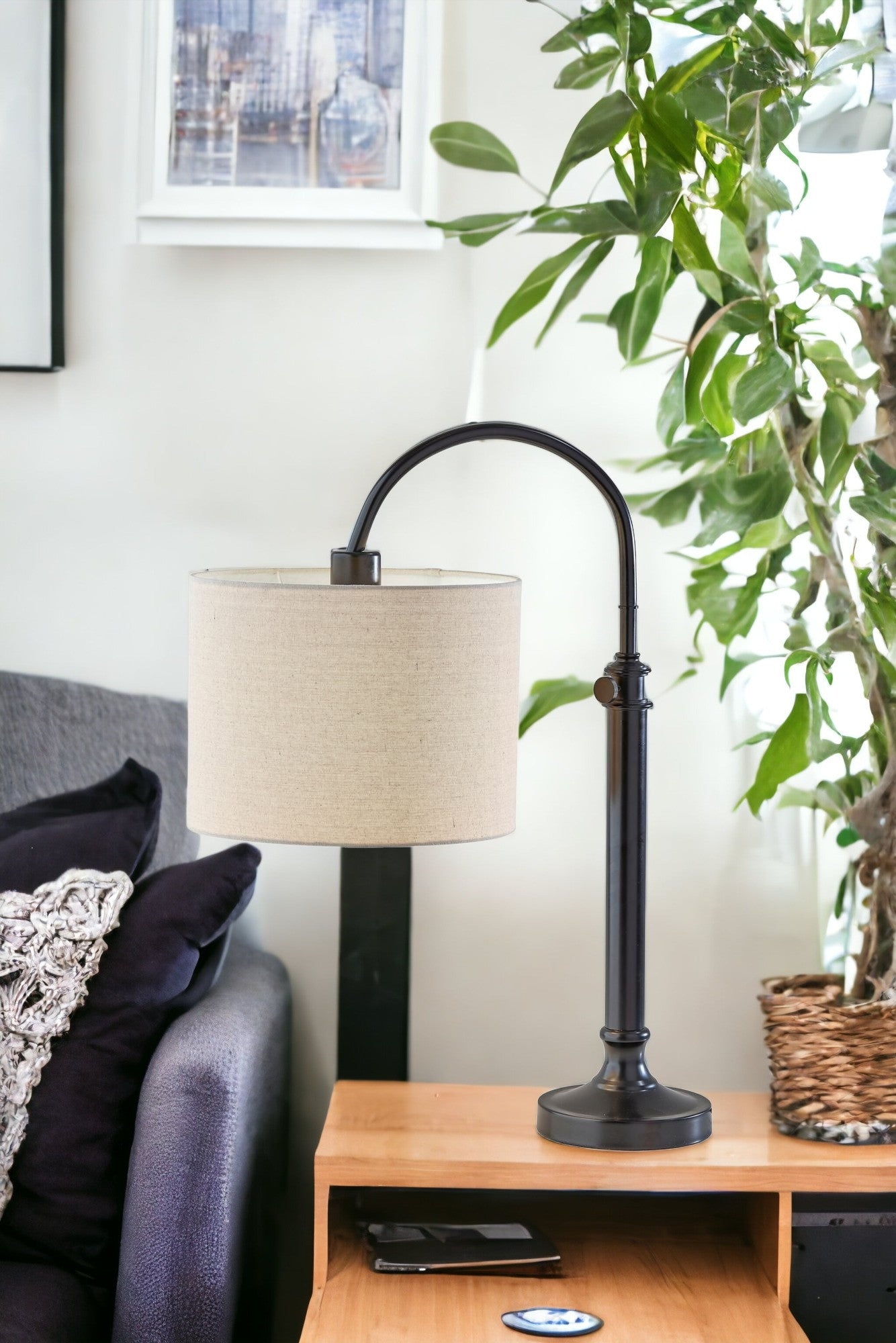 32'' Black Metal Adjustable Arched Lamp With Beige Drum Shade