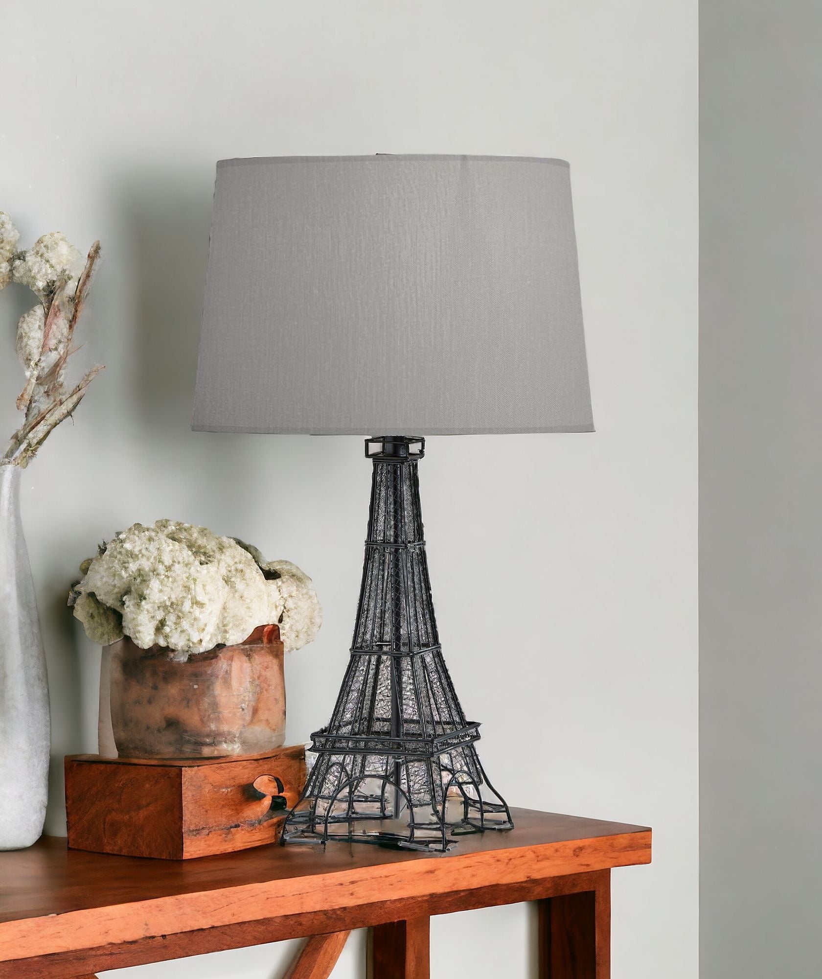 25'' Black Acrylic Paris Desk Table Lamp With Gray Drum Shade