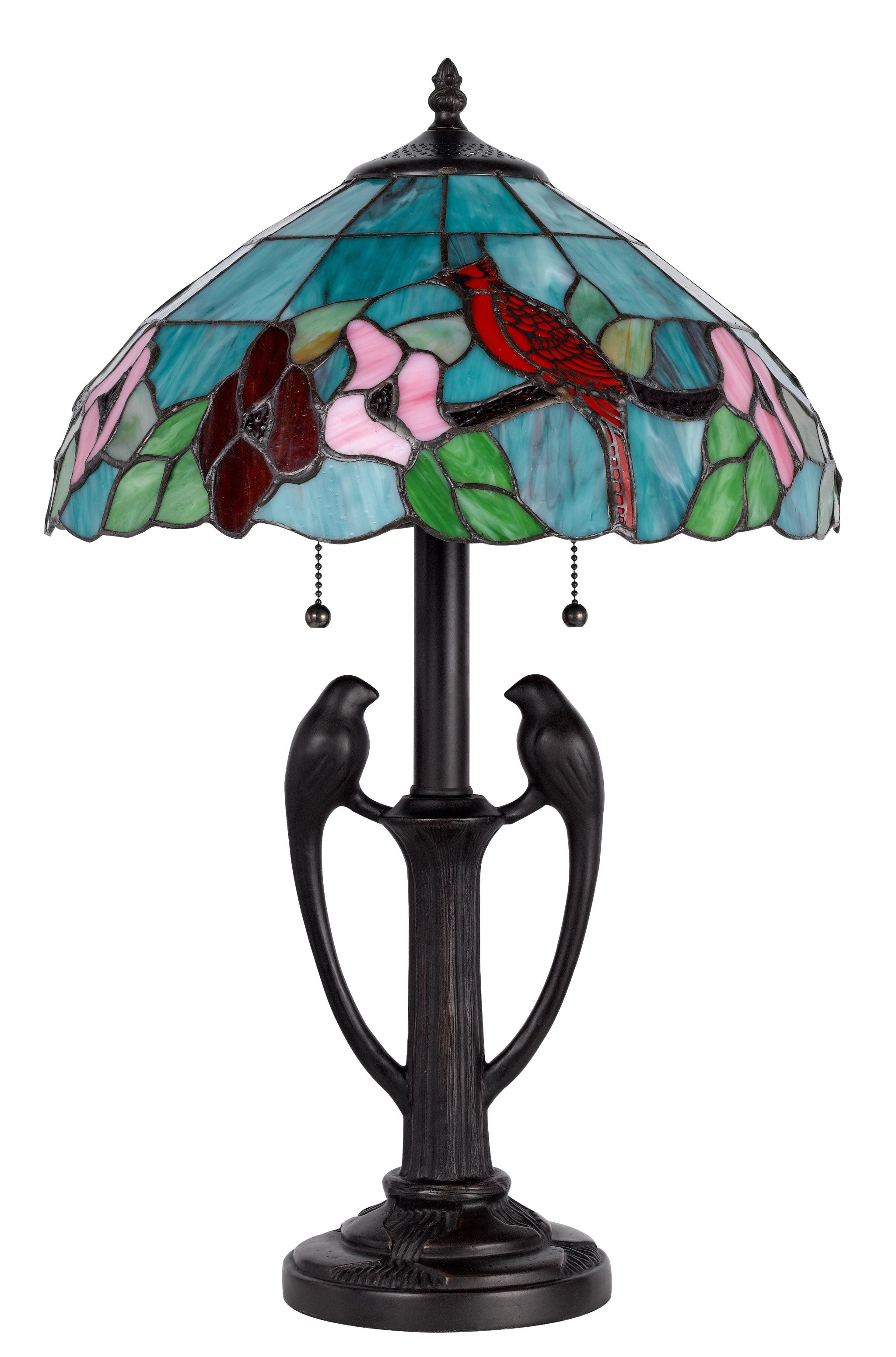 22 Bronze Two Light Tiffany Table Lamp With Aqua And Red Floral Shade
