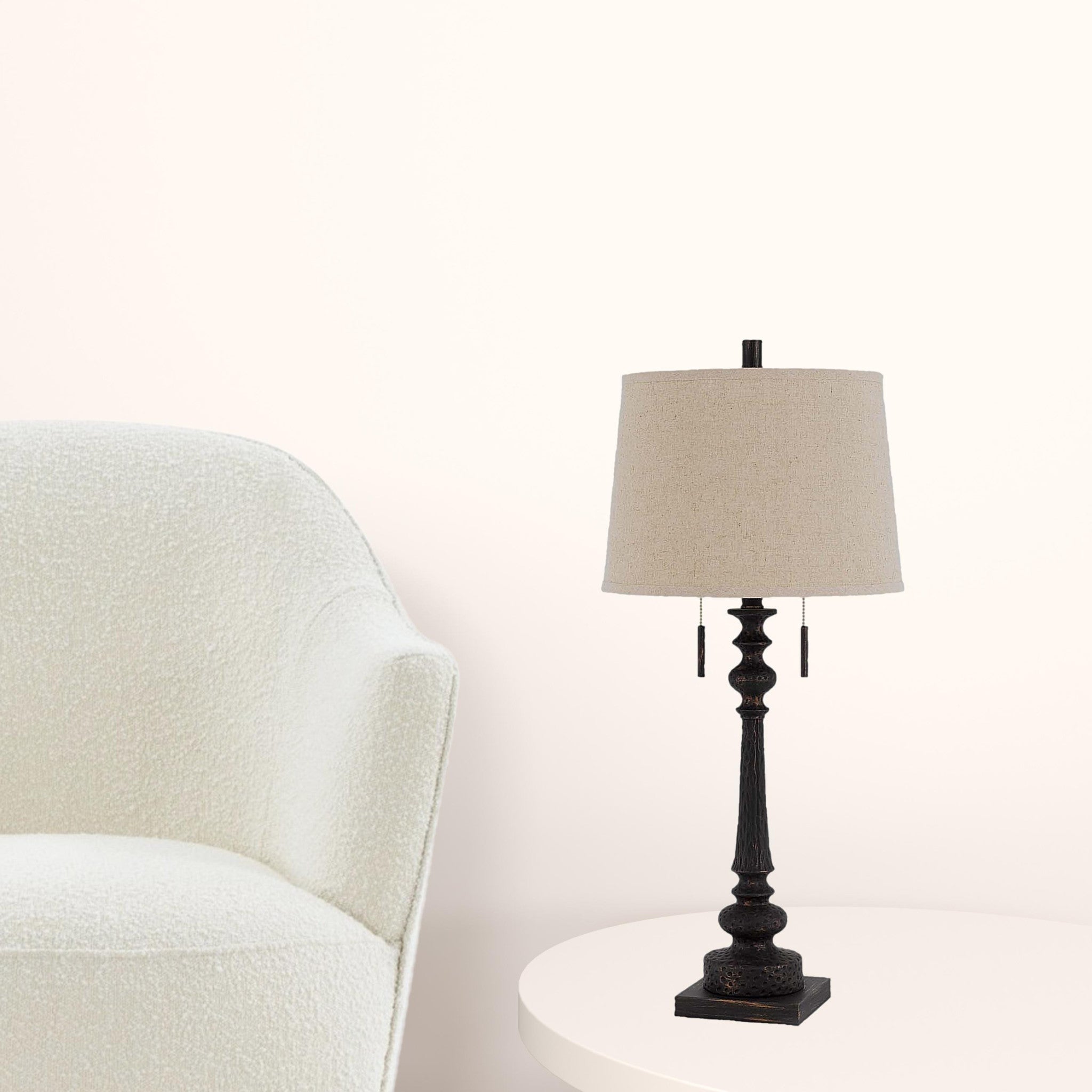 32 charcoal Two Light Table Lamp With Tan Drum Shade