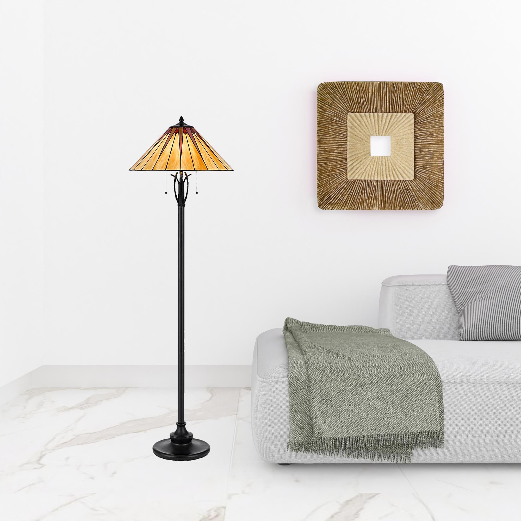 Homeroots 526320 61 In. Bronze Two Light Traditional Shaped Floor Lamp With Abstract Tiffany Glass Empire Shade Red & Ivory