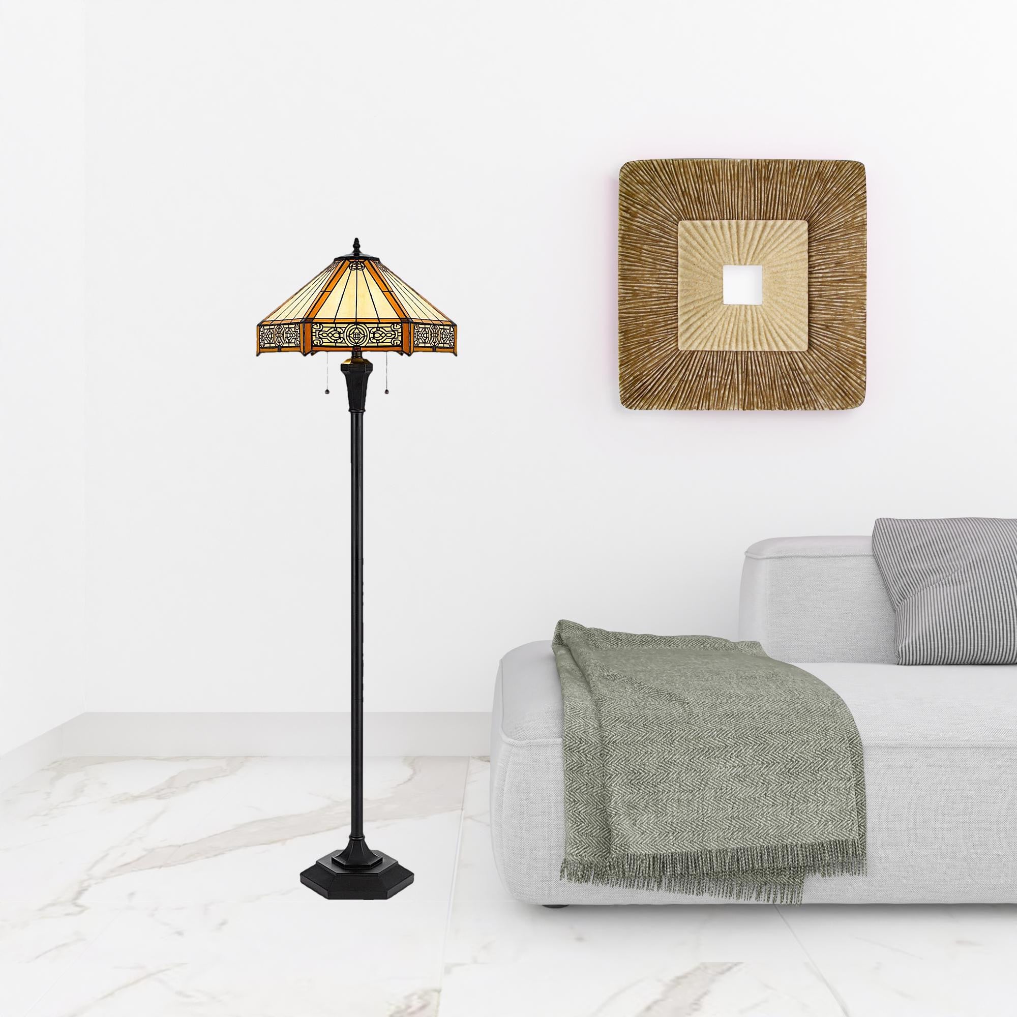 Homeroots 526322 60 In. Bronze Two Light Traditional Shaped Floor Lamp With Orange & Ivory Abstract Tiffany Glass Empire Shade