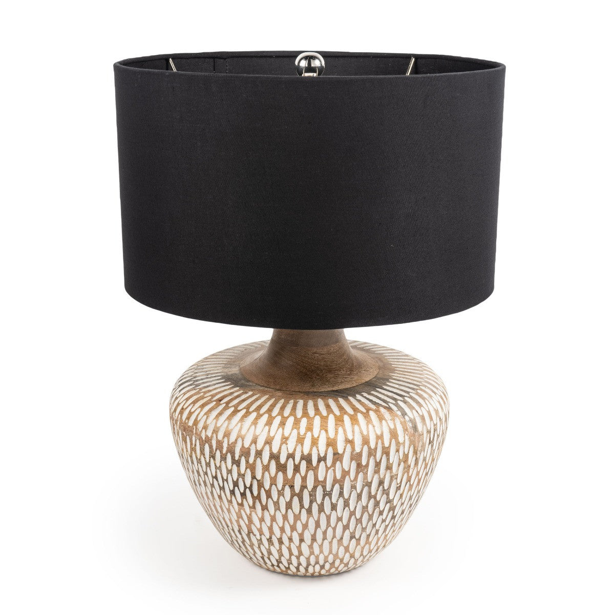 24 Brown Solid Wood LED Table Lamp With Black Drum Shade