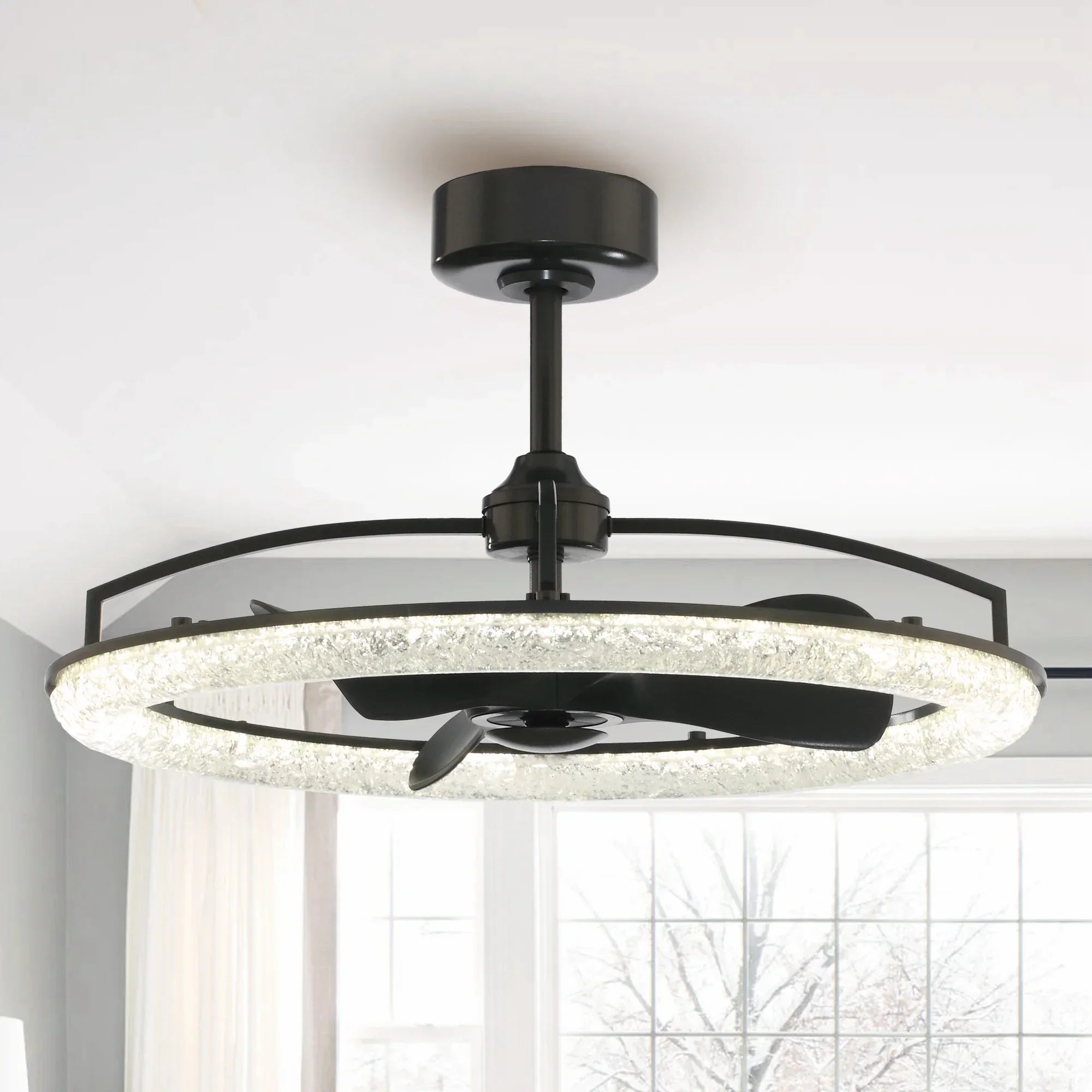 Perimost 32 Inch Black Downrod Mount Luxury Fandelier with Light and Remote Control