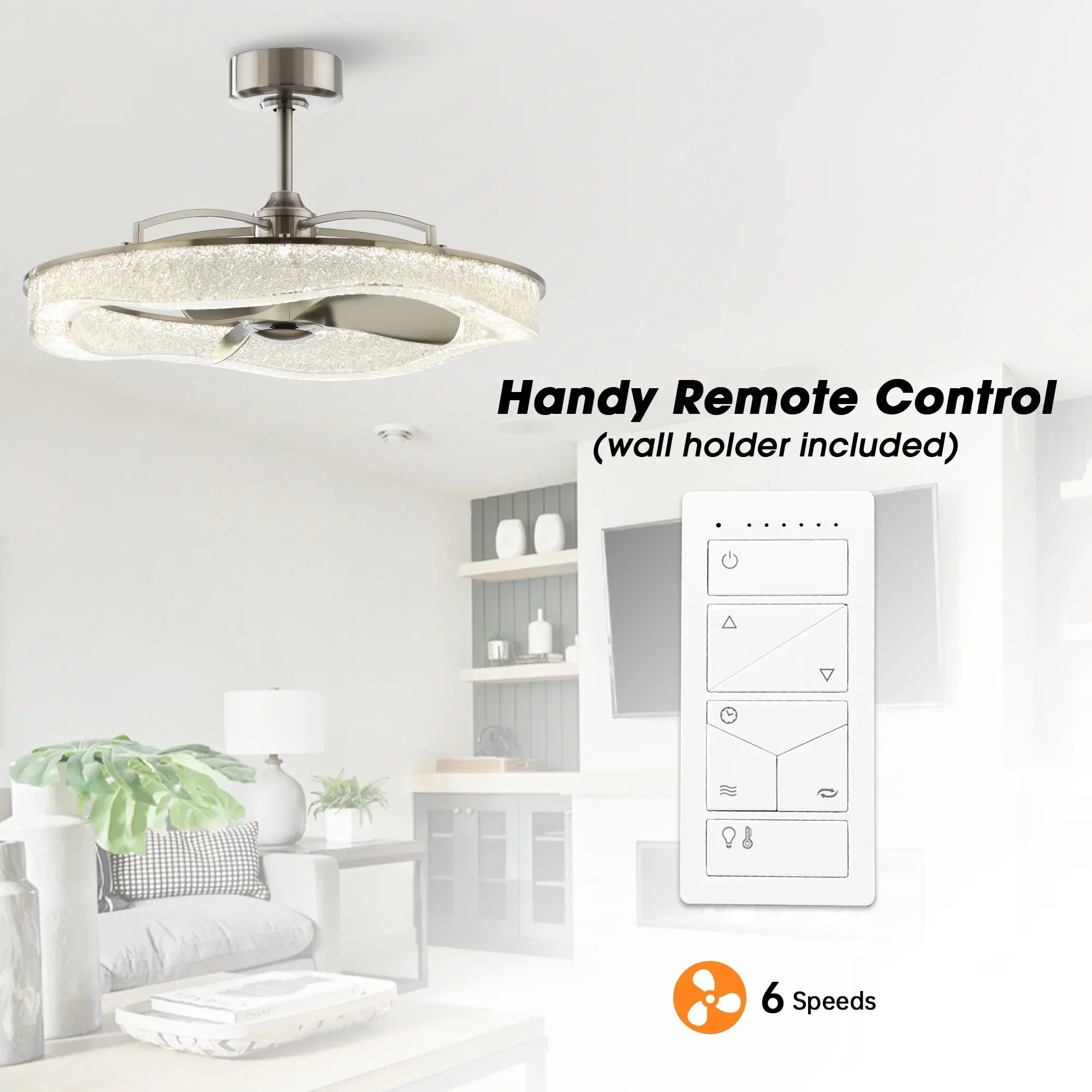 Perimost 33 Inch Satin Nickel Downrod Mount Luxury Fandelier with Light and Remote Control